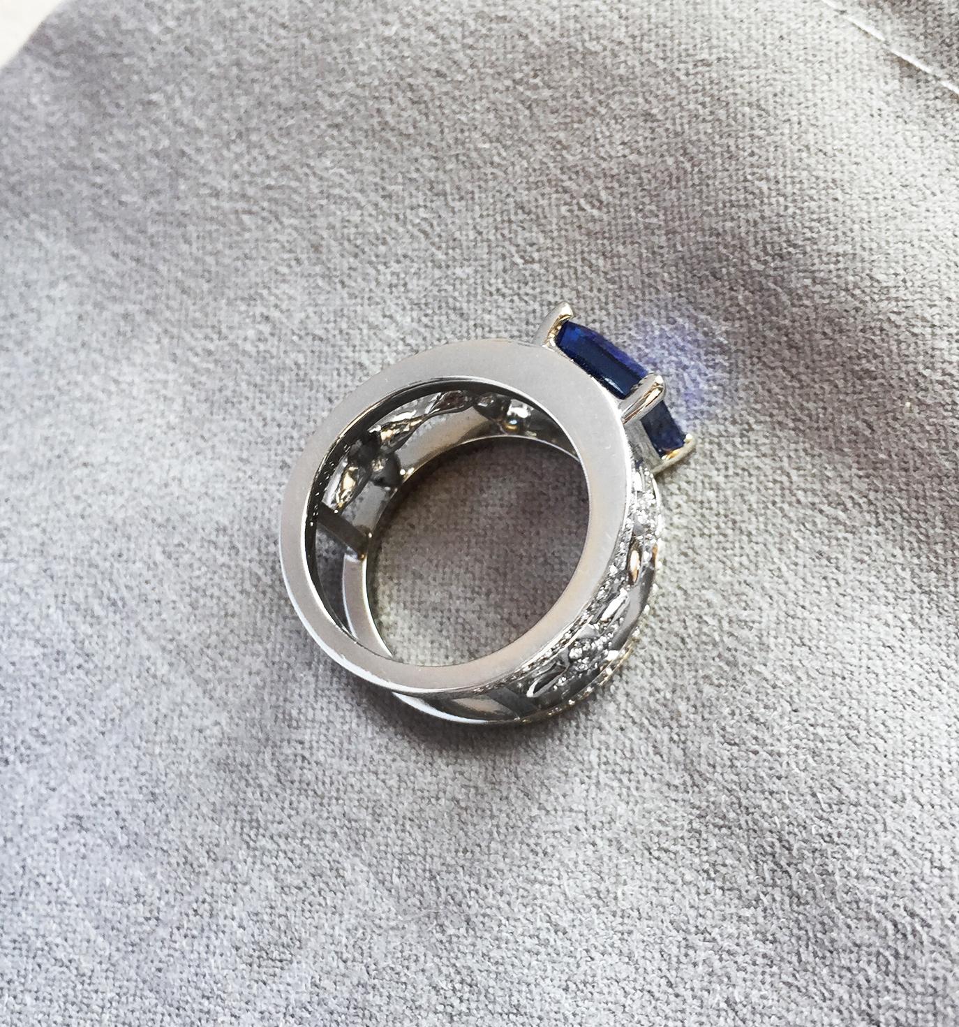 Emerald Cut Blue Sapphire and Diamond Ring in Platinum 6