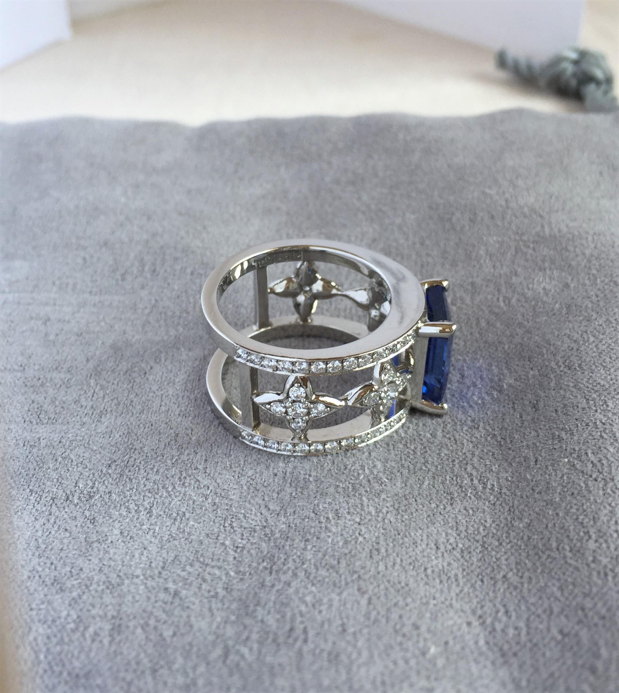 Emerald Cut Blue Sapphire and Diamond Ring in Platinum 7