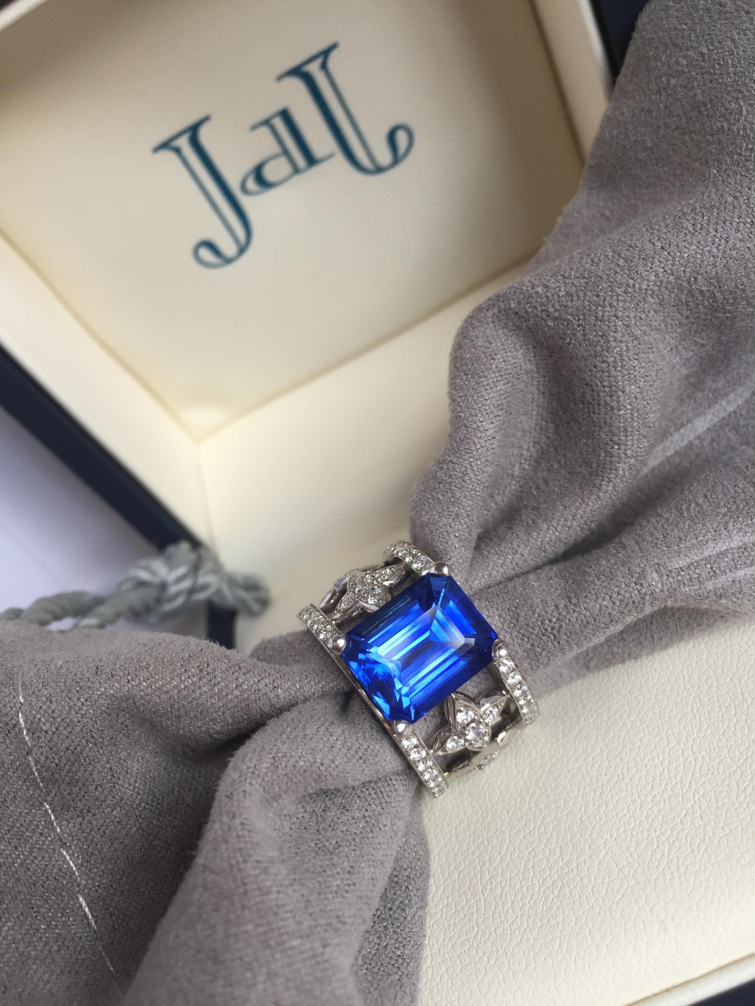 Emerald Cut Blue Sapphire and Diamond Ring in Platinum 8