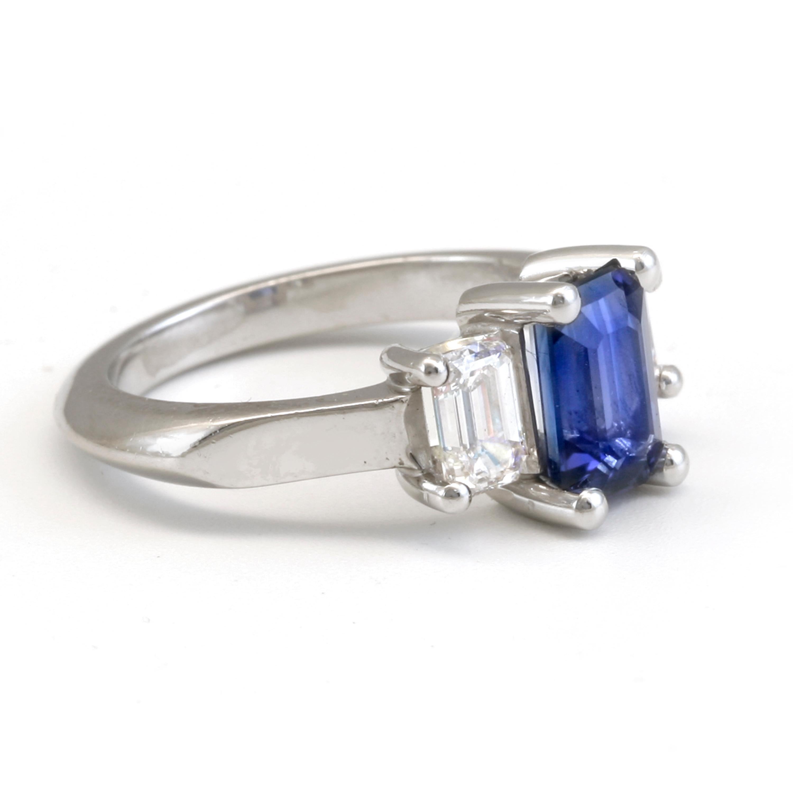 Artisan Diana Kim England Emerald Cut Ceylon Blue Sapphire and Diamond Ring in Platinum For Sale