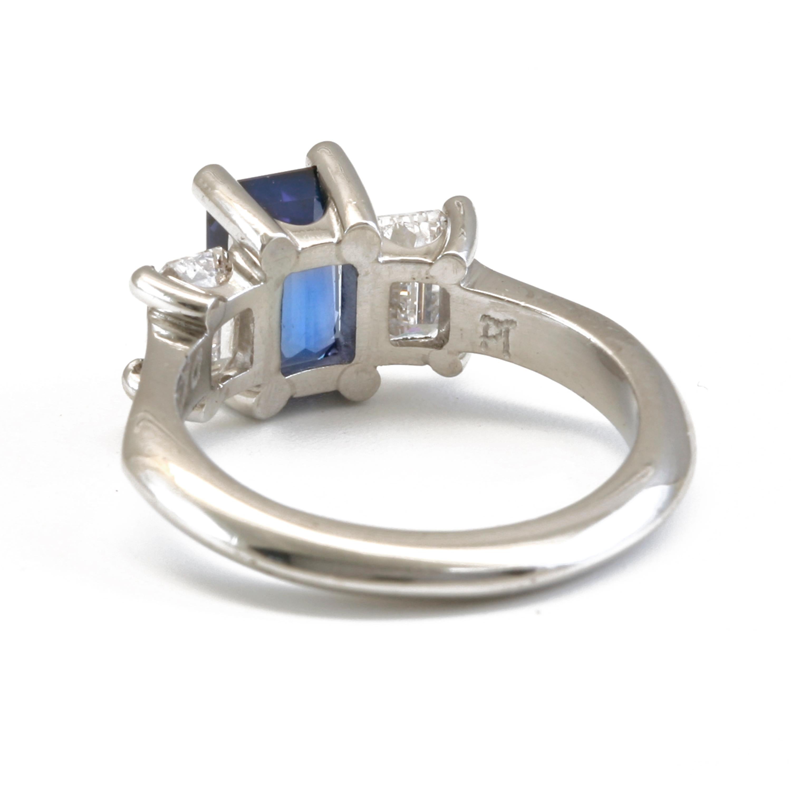 Diana Kim England Emerald Cut Ceylon Blue Sapphire and Diamond Ring in Platinum In New Condition For Sale In Red Hook, NY