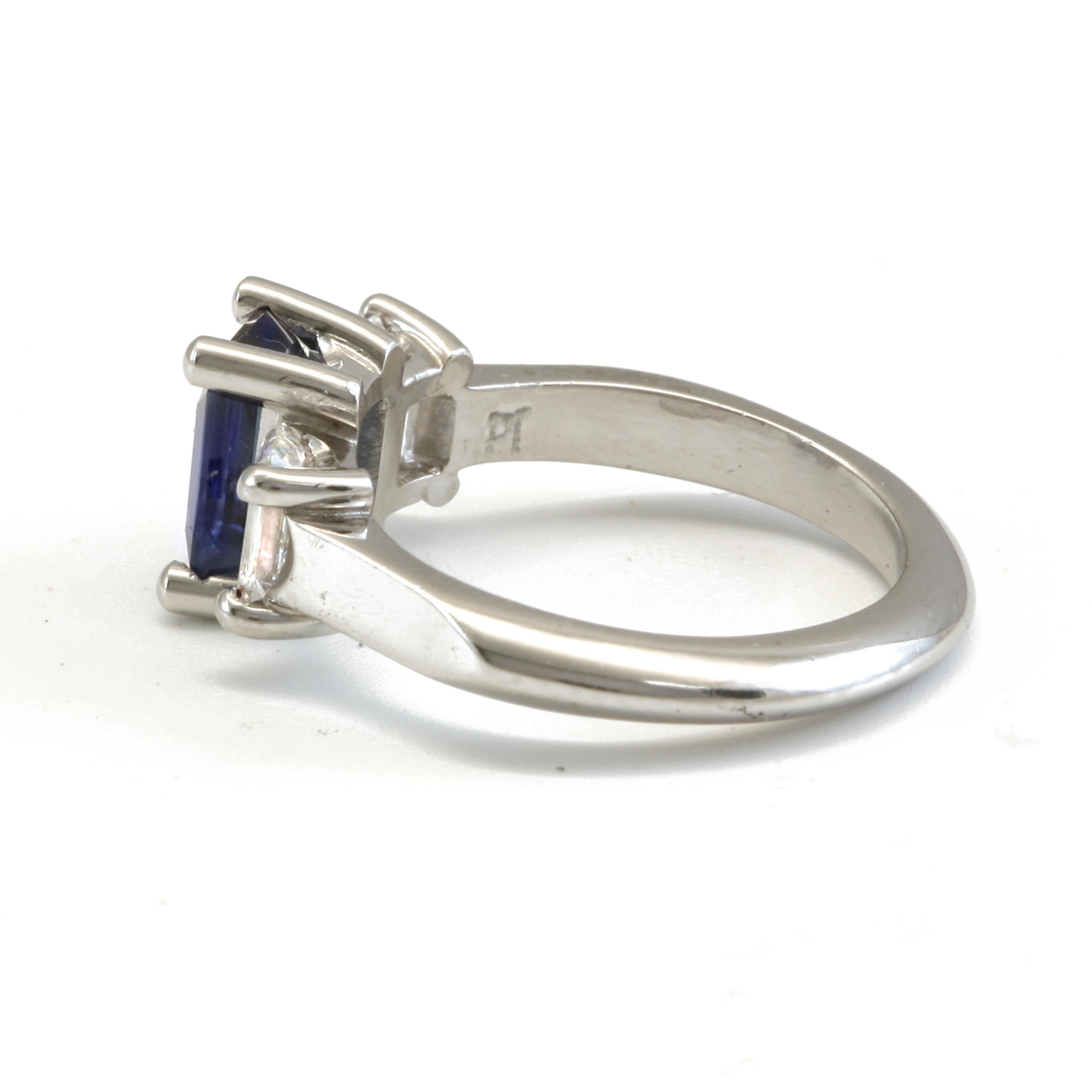 Women's Diana Kim England Emerald Cut Ceylon Blue Sapphire and Diamond Ring in Platinum For Sale