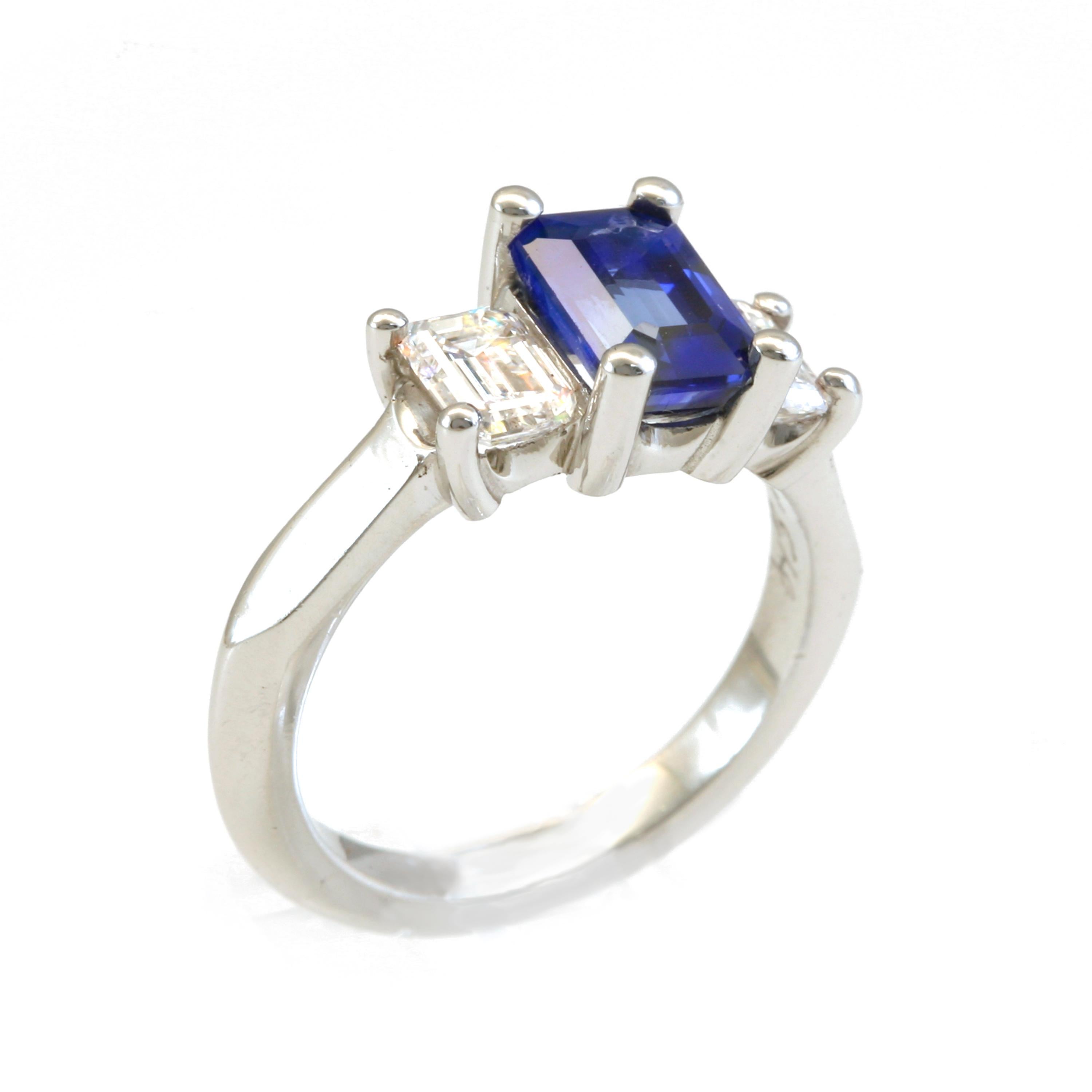 Diana Kim England Emerald Cut Ceylon Blue Sapphire and Diamond Ring in Platinum For Sale 1