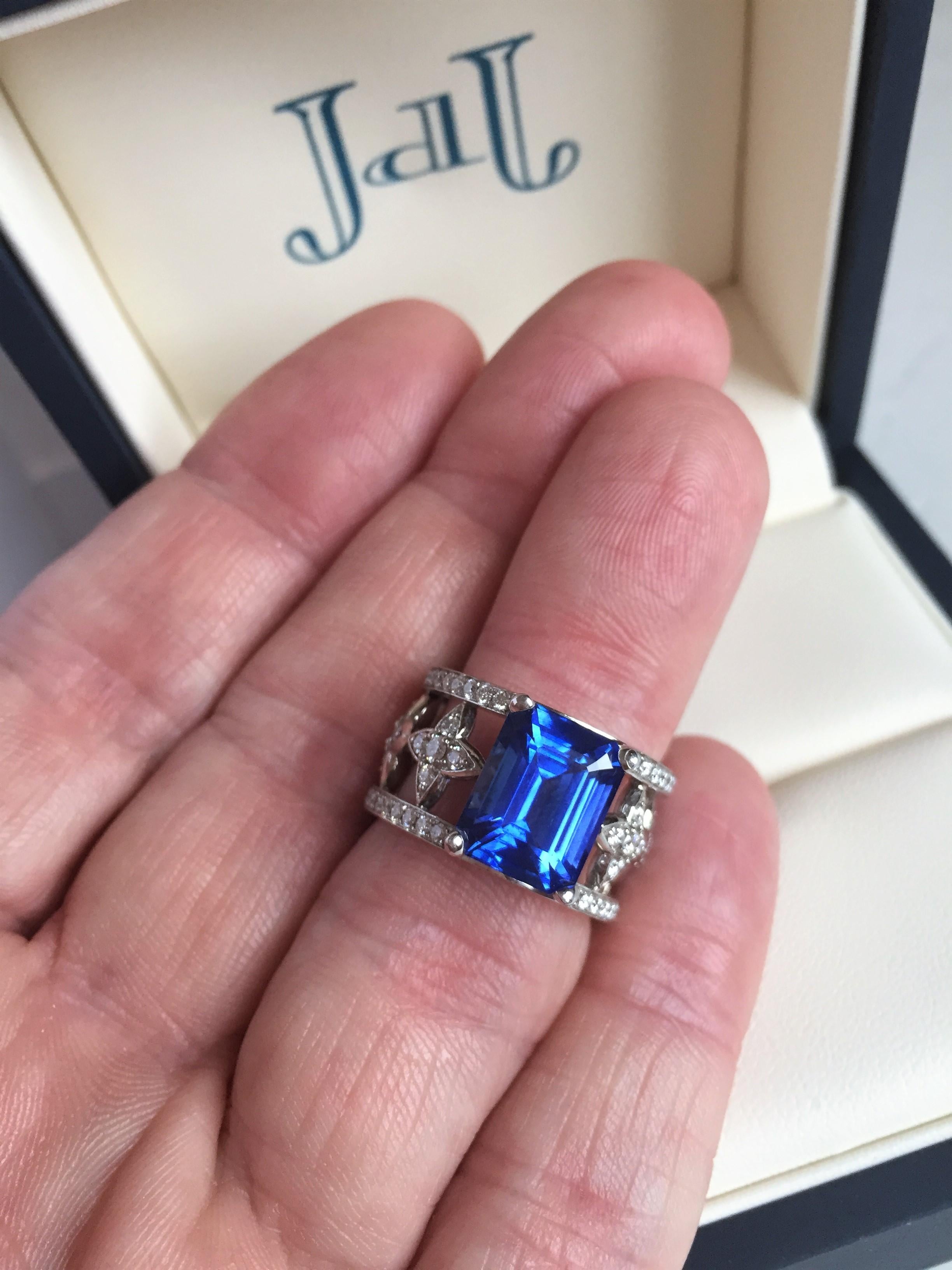 Women's Emerald Cut Blue Sapphire and Diamond Ring in Platinum