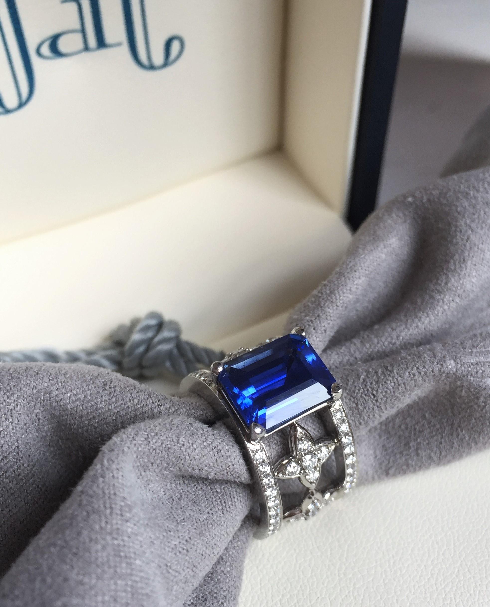 Emerald Cut Blue Sapphire and Diamond Ring in Platinum 2