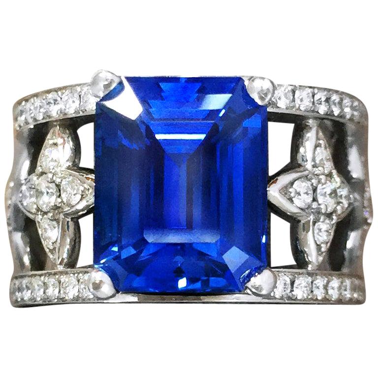Emerald Cut Blue Sapphire and Diamond Ring in Platinum