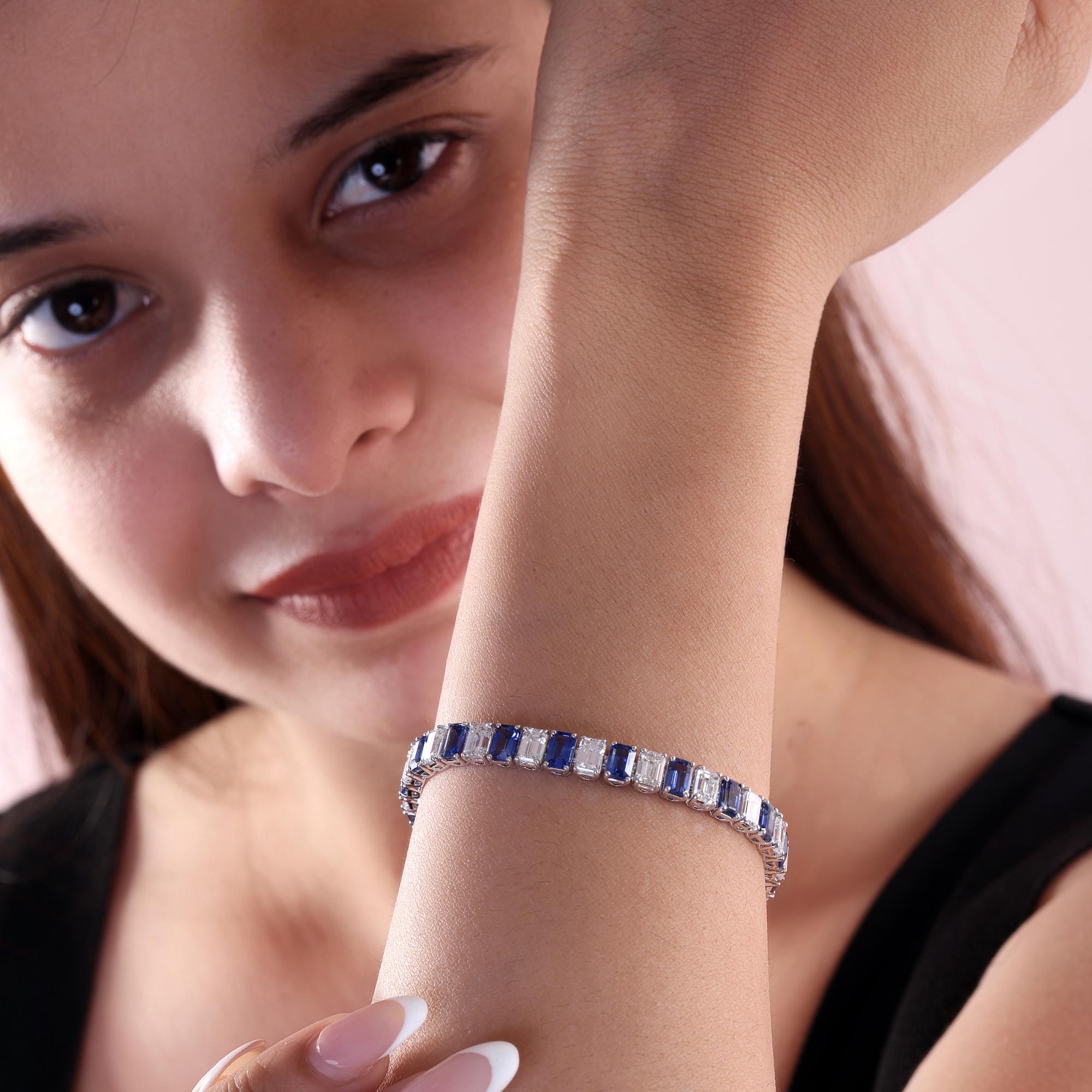 Pulsera de tenis de zafiro azul talla esmeralda y diamantes Joyas de oro blanco de 14 quilates en Nuevo estado para la venta en Diera, Dubai