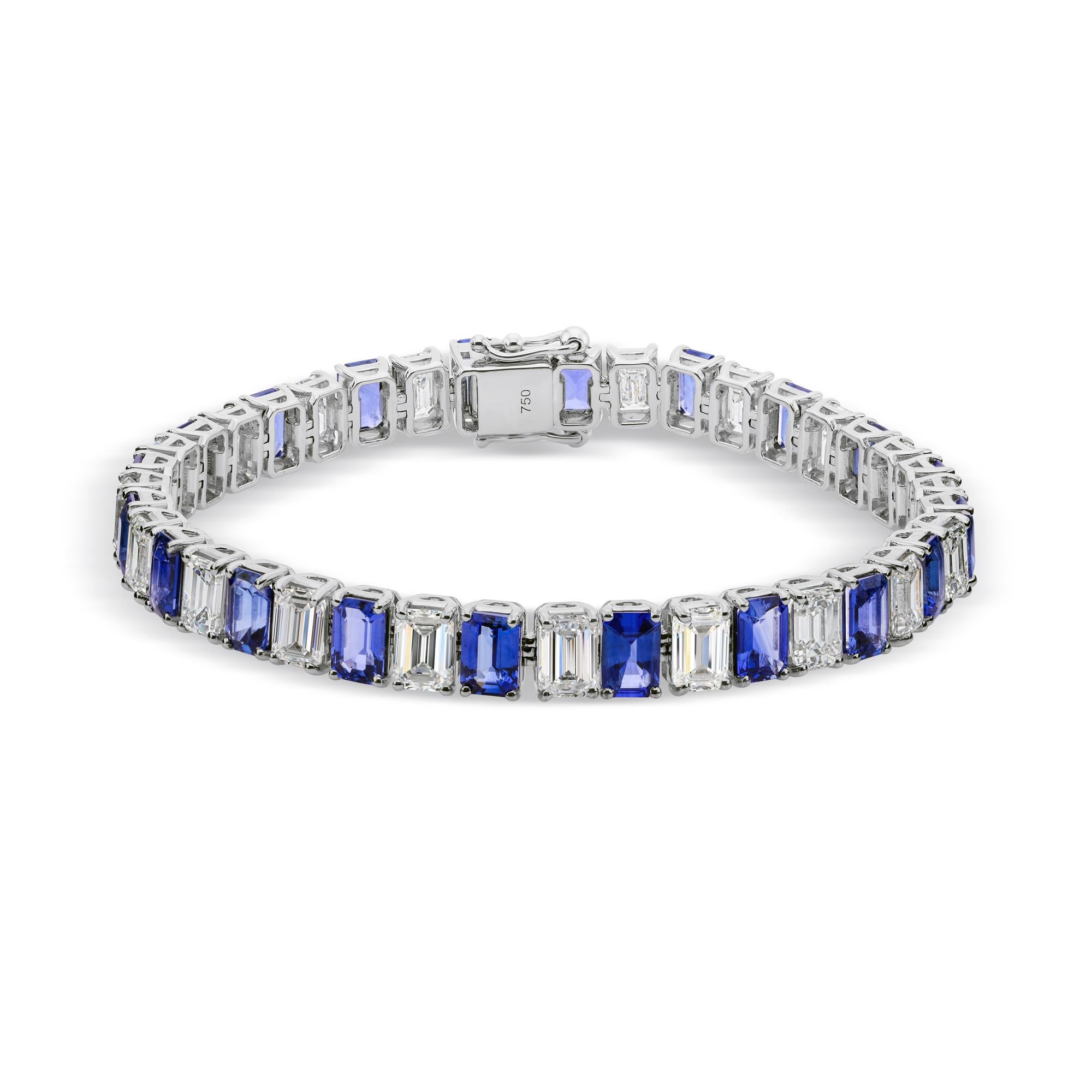 De las mujeres Pulsera de tenis de zafiro azul talla esmeralda y diamantes Joyas de oro blanco de 14 quilates en venta