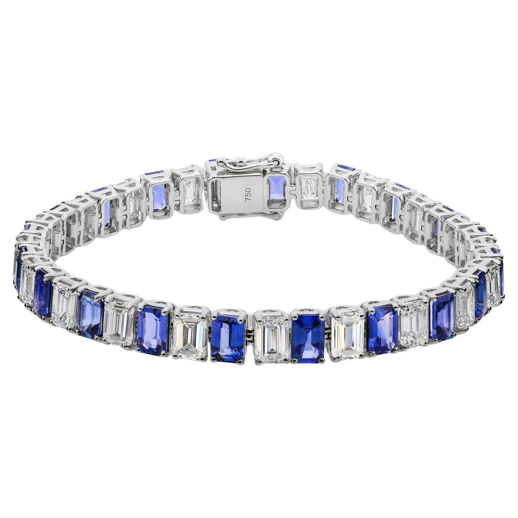 Pulsera de tenis de zafiro azul talla esmeralda y diamantes Joyas de oro blanco de 14 quilates