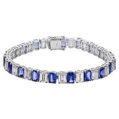 Pulsera de tenis de zafiro azul talla esmeralda y diamantes Joyas de oro blanco de 14 quilates