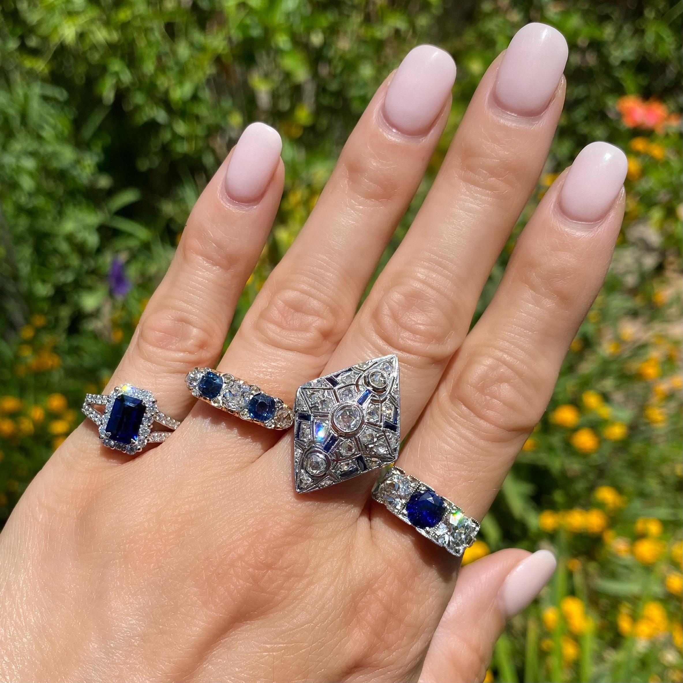 Modern Emerald Cut Blue Sapphire and Diamond Vintage Platinum Ring Estate Fine Jewelry For Sale