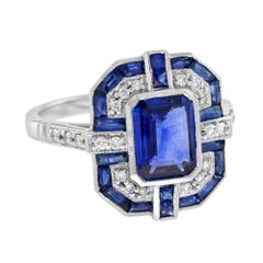 Emerald Cut Blue Sapphire & Diamond Art Deco Geometric Style 14K White Gold Ring
