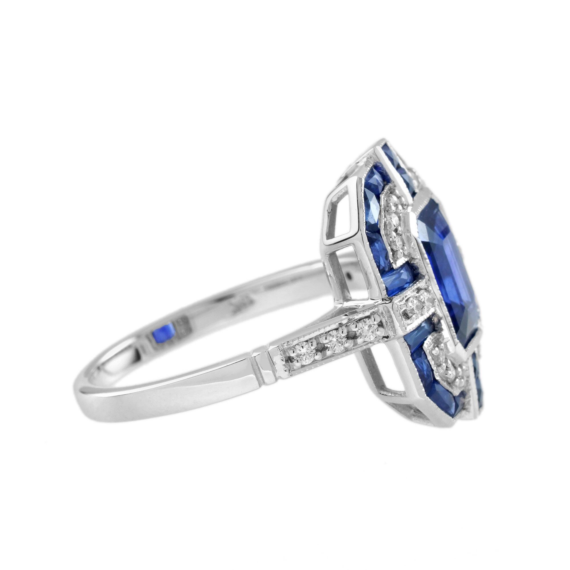 Zafiro azul talla esmeralda y diamante Anillo de oro blanco de 14 quilates estilo Art Decó geométrico Corte esmeralda en venta