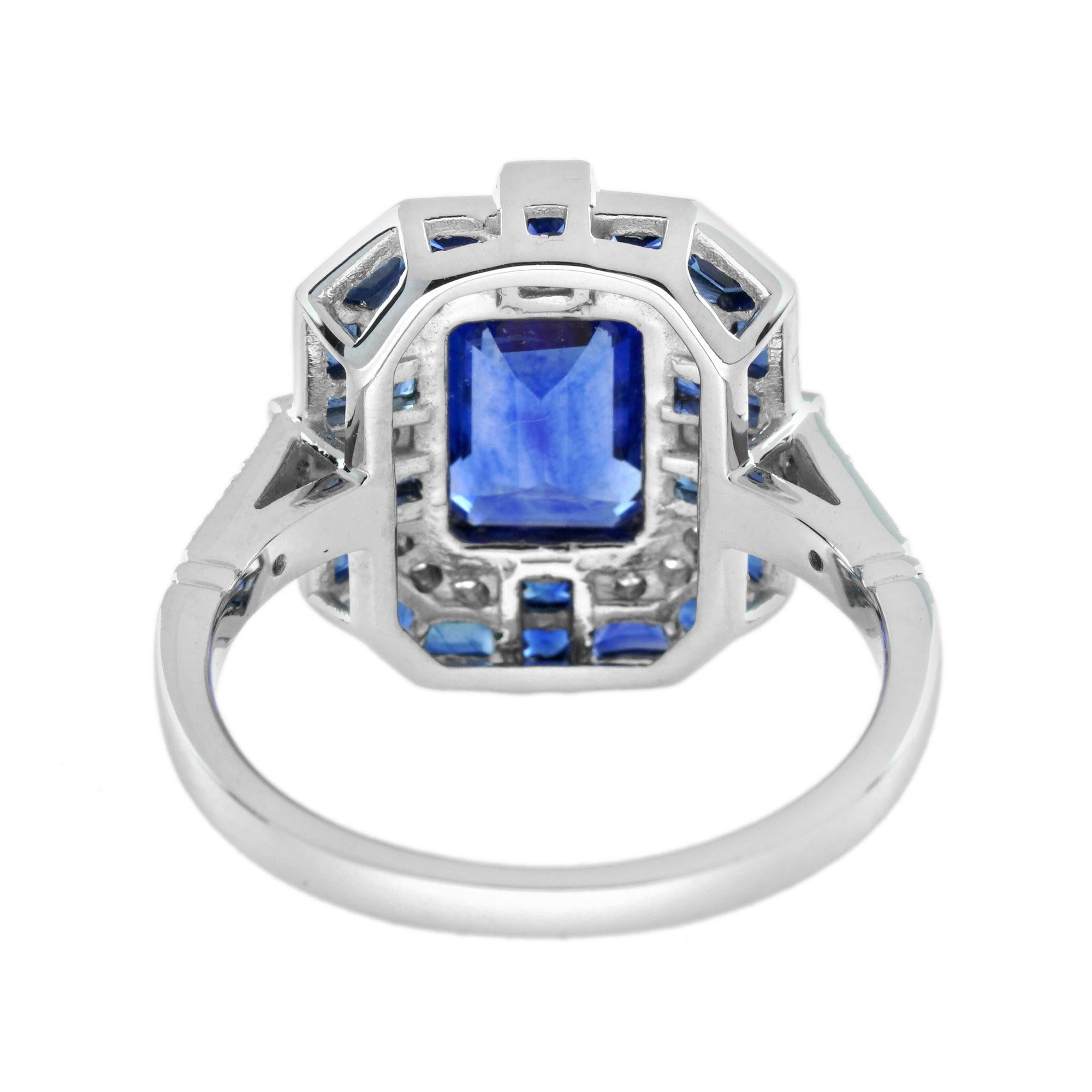 Zafiro azul talla esmeralda y diamante Anillo de oro blanco de 14 quilates estilo Art Decó geométrico en Nuevo estado para la venta en Oakton, VA