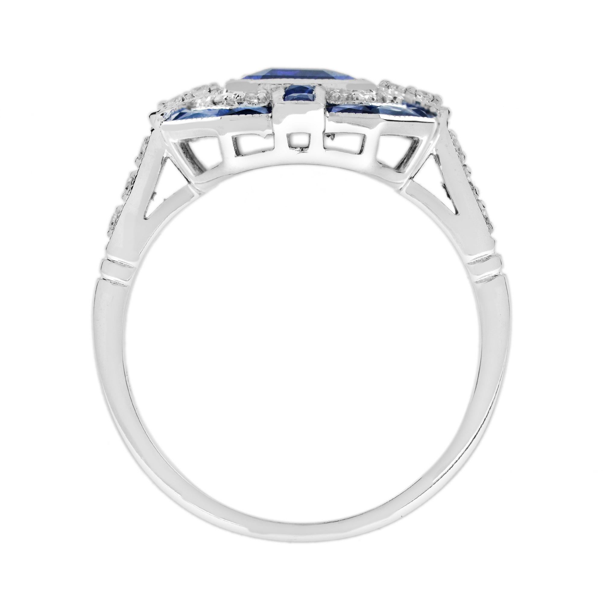Femenino o masculino Zafiro azul talla esmeralda y diamante Anillo de oro blanco de 14 quilates estilo Art Decó geométrico en venta