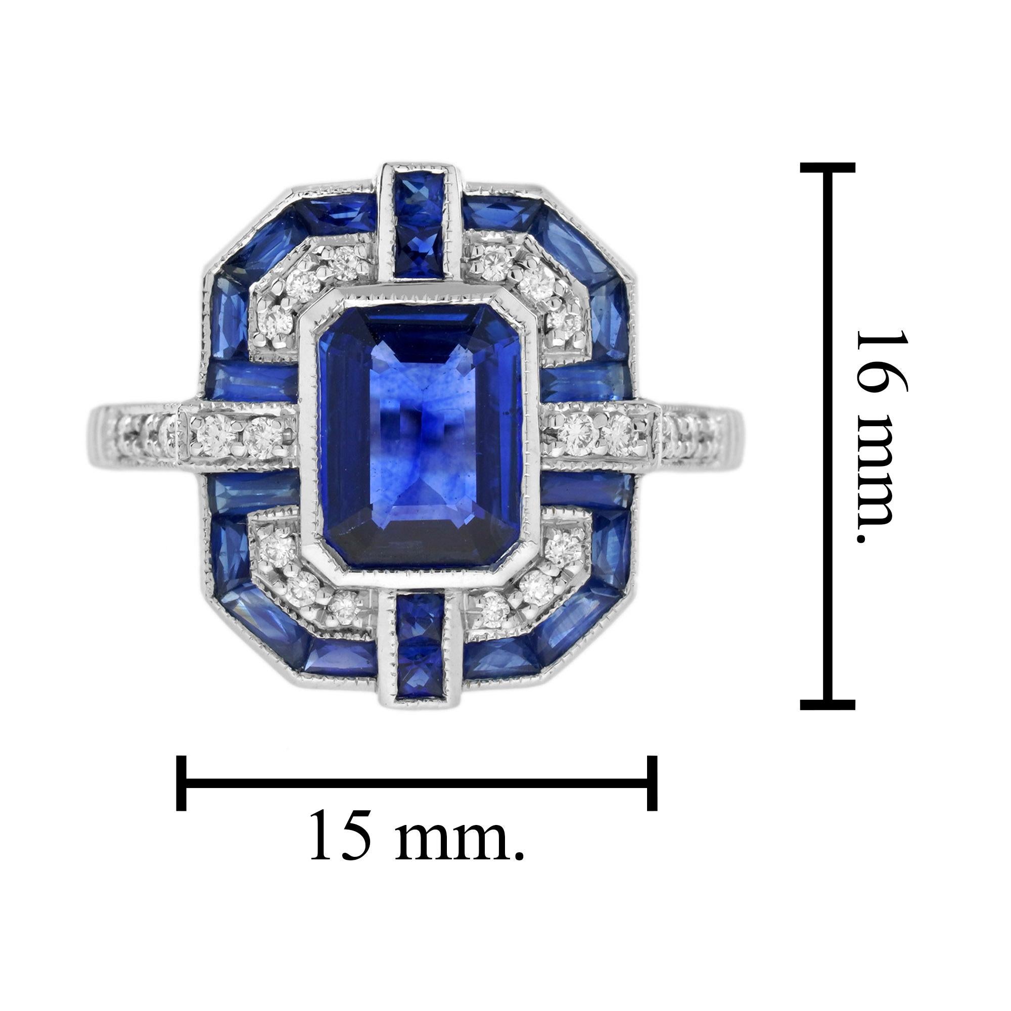 Zafiro azul talla esmeralda y diamante Anillo de oro blanco de 14 quilates estilo Art Decó geométrico en venta 3