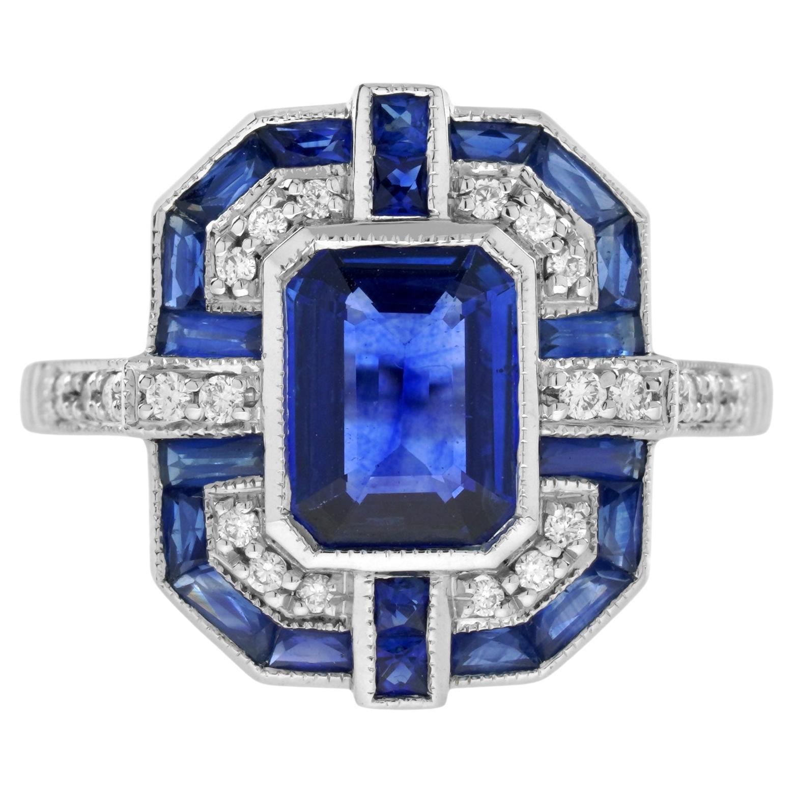 Zafiro azul talla esmeralda y diamante Anillo de oro blanco de 14 quilates estilo Art Decó geométrico en venta