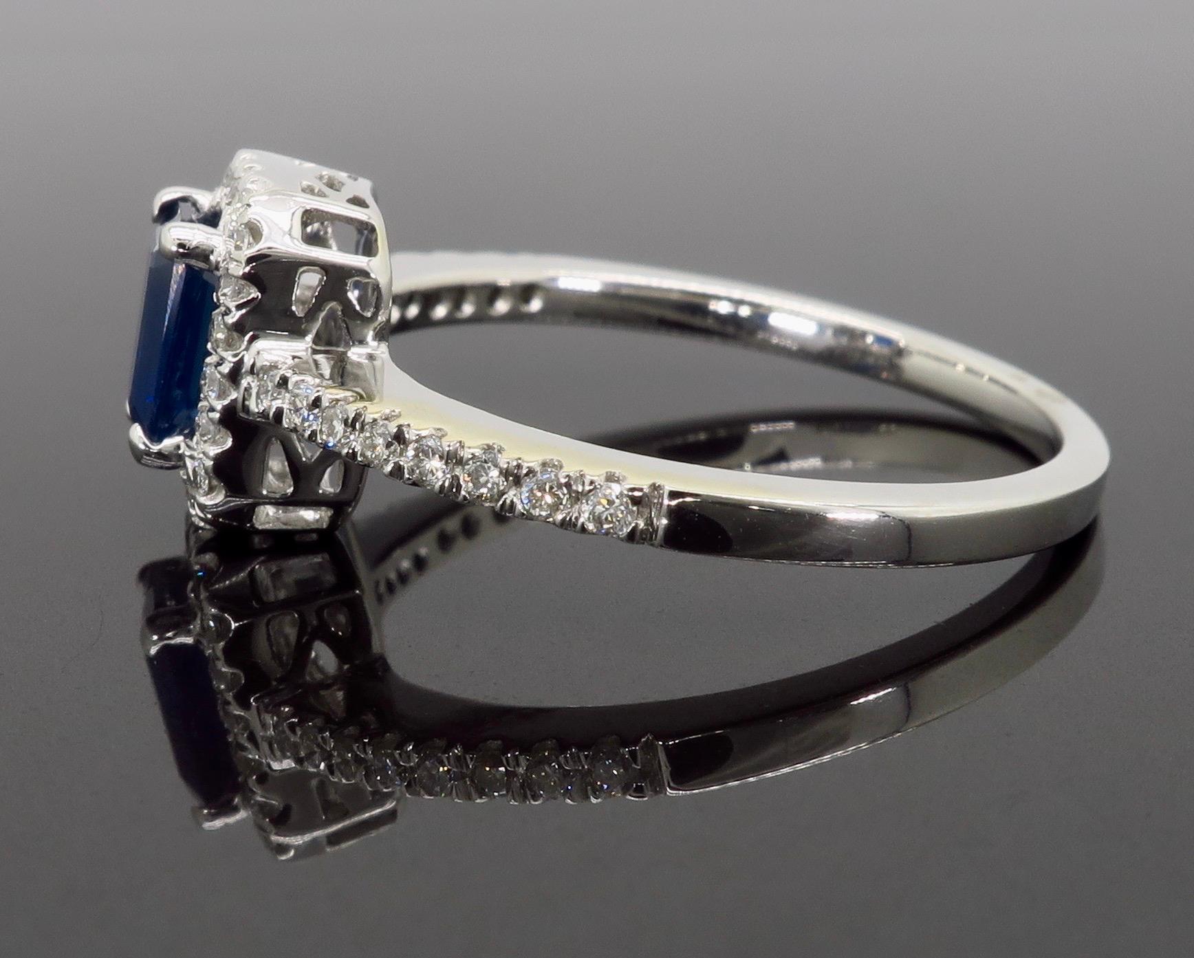 Emerald Cut Blue Sapphire and Diamond Halo Ring In New Condition In Webster, NY
