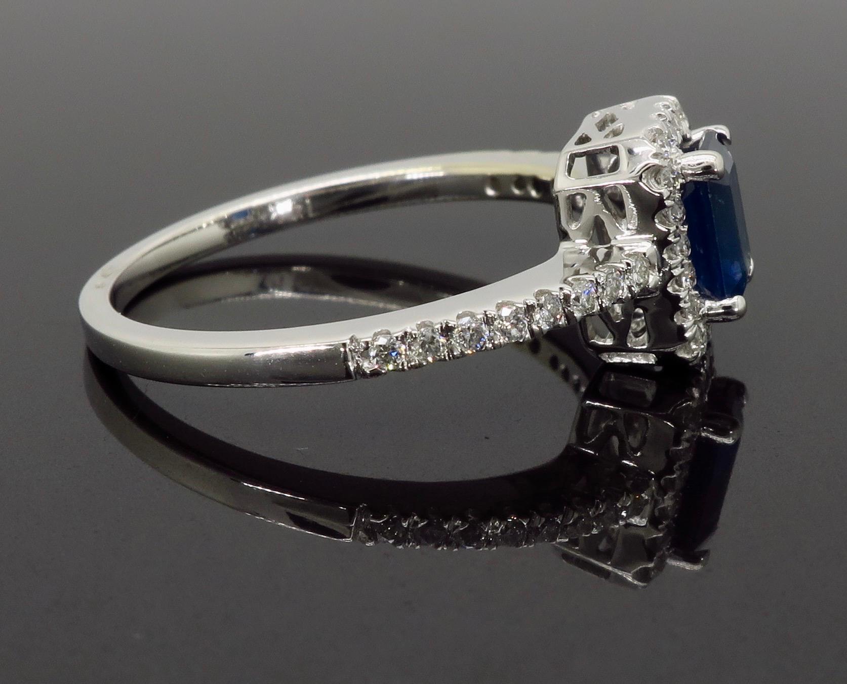 Emerald Cut Blue Sapphire and Diamond Halo Ring 1