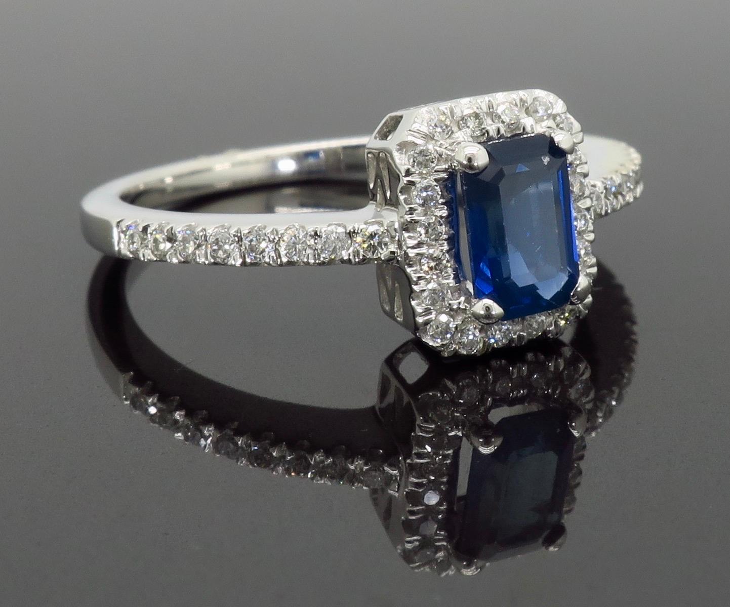 Emerald Cut Blue Sapphire and Diamond Halo Ring 2