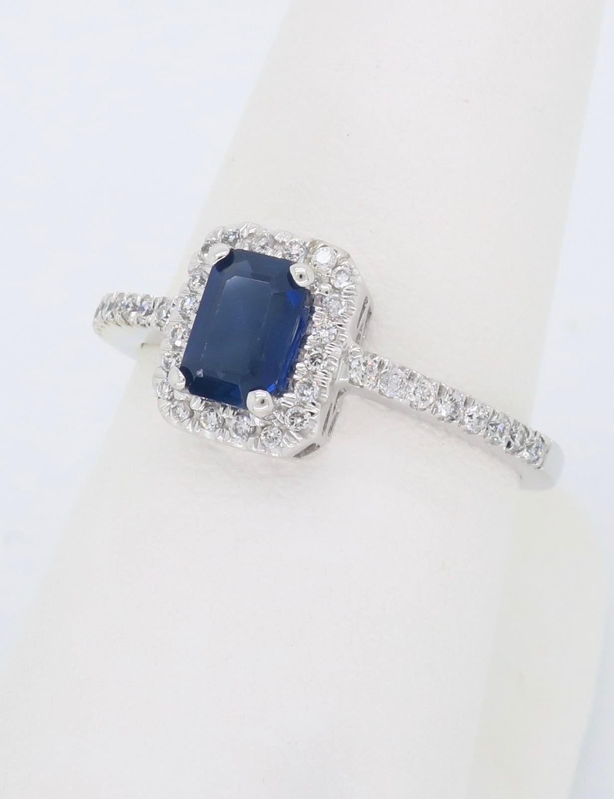Emerald Cut Blue Sapphire and Diamond Halo Ring 3