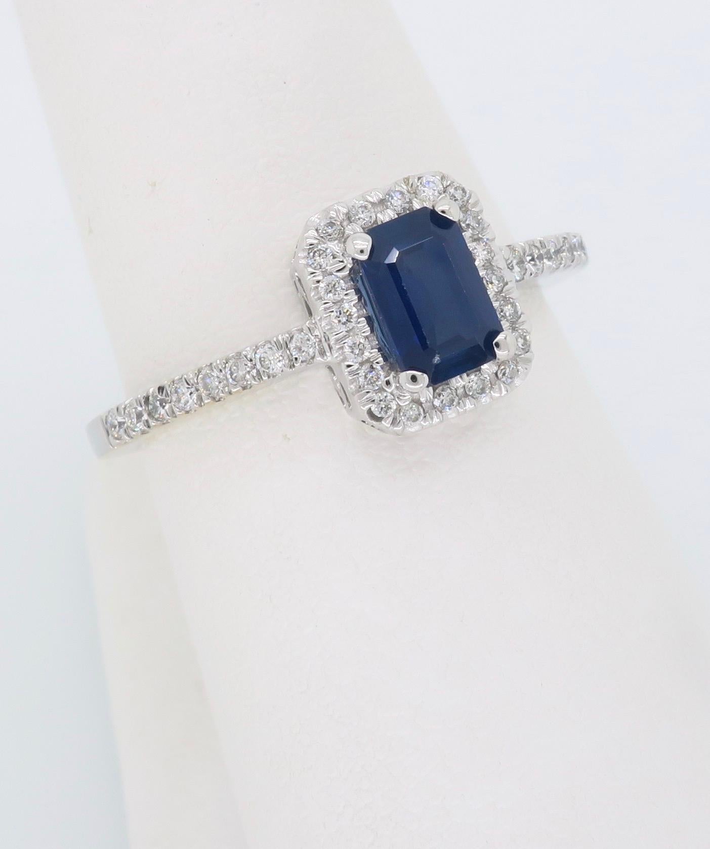 Emerald Cut Blue Sapphire and Diamond Halo Ring 4
