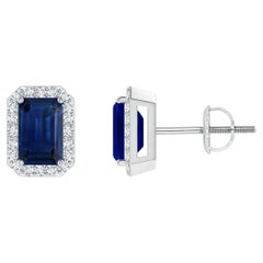 Emerald-Cut Blue Sapphire Diamond Halo Stud Earrings in 14K Gold