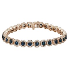Emerald Cut Blue Sapphire & Diamond Tennis Bracelet 14K Yellow Gold 7 Inches