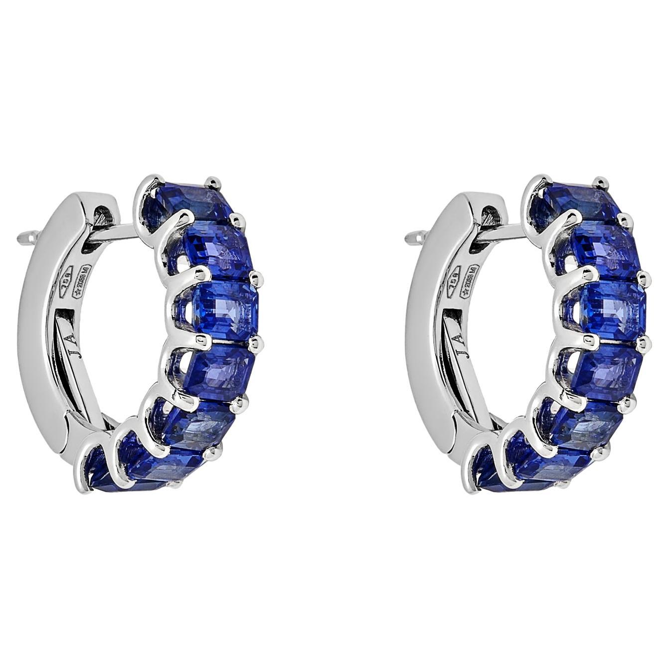 Emerald-Cut Blue Sapphire Hoop Earrings