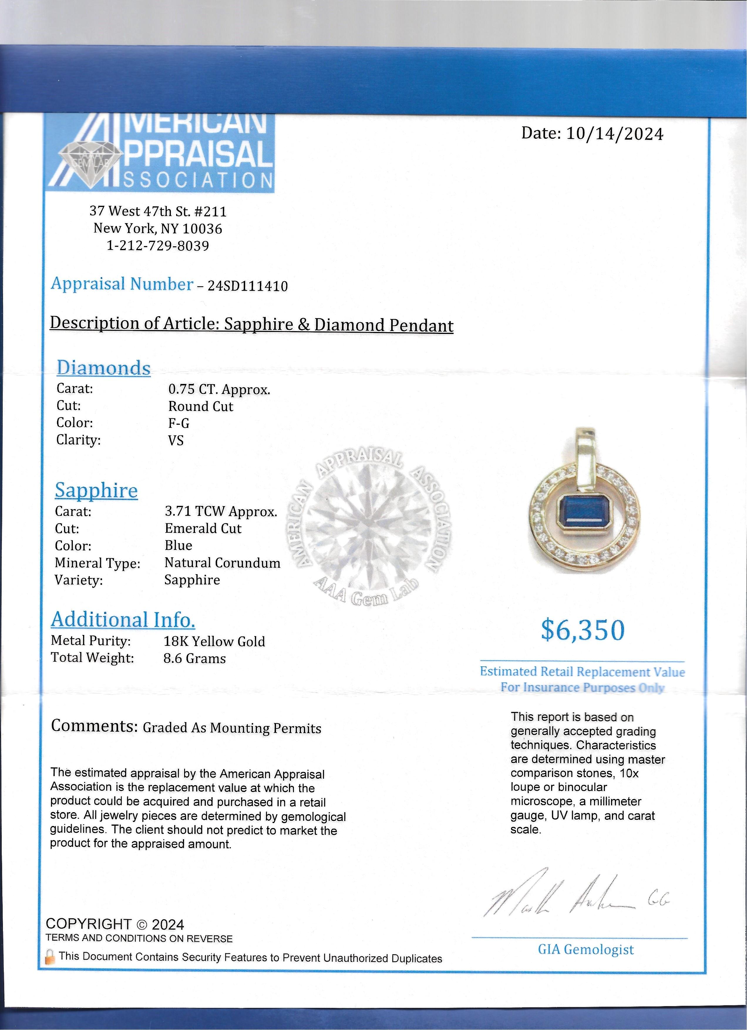 Pendentif Emerald Cut Blue Sapphire Open Circle avec diamants Or jaune 18 carats en vente 1