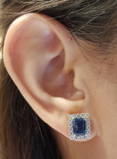 Emerald Cut Blue Sapphire with Diamond Earrings Set in 18 Karat Gold Settings