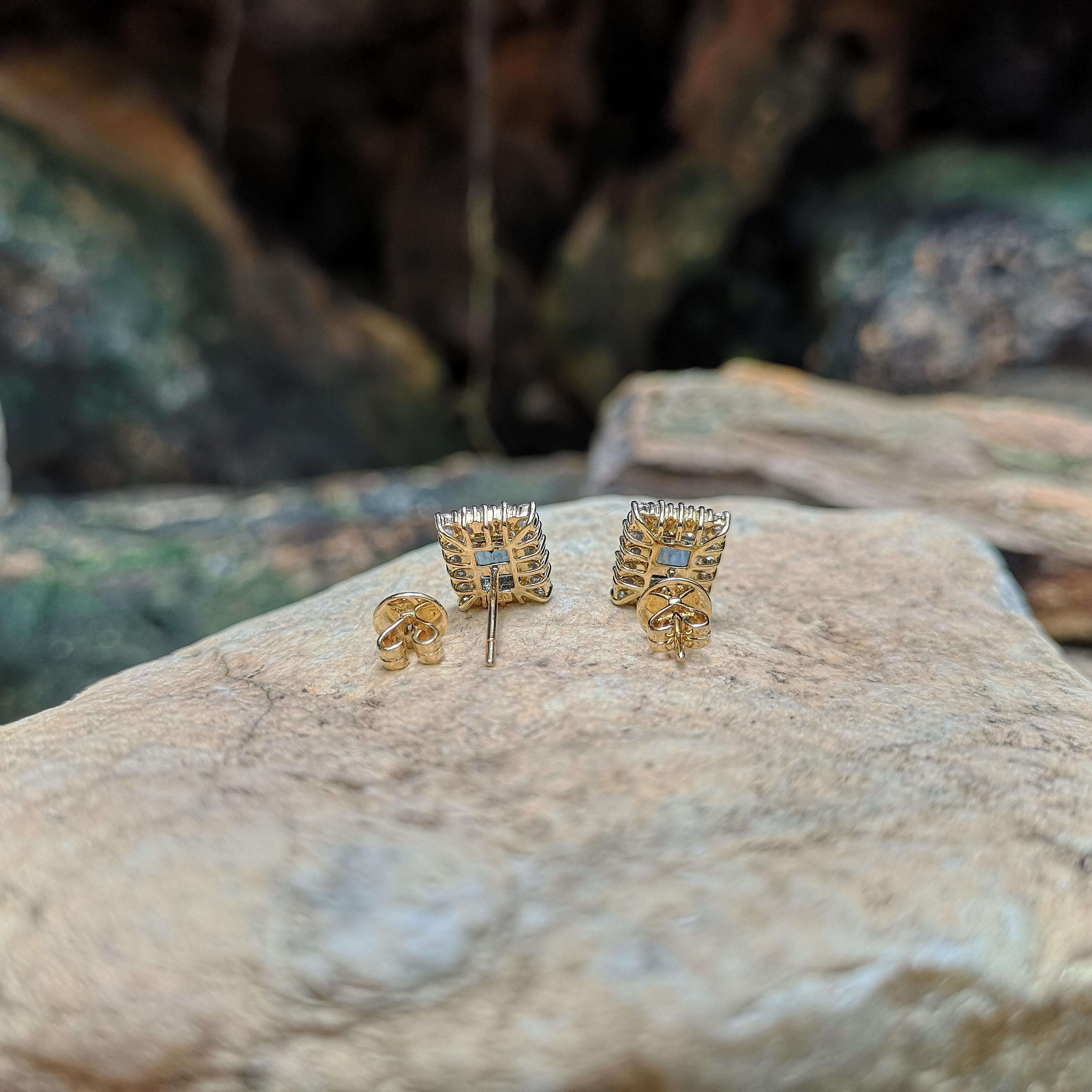 Emerald Cut Blue Sapphire with Diamond Earrings Set in 18 Karat Gold Settings For Sale 1