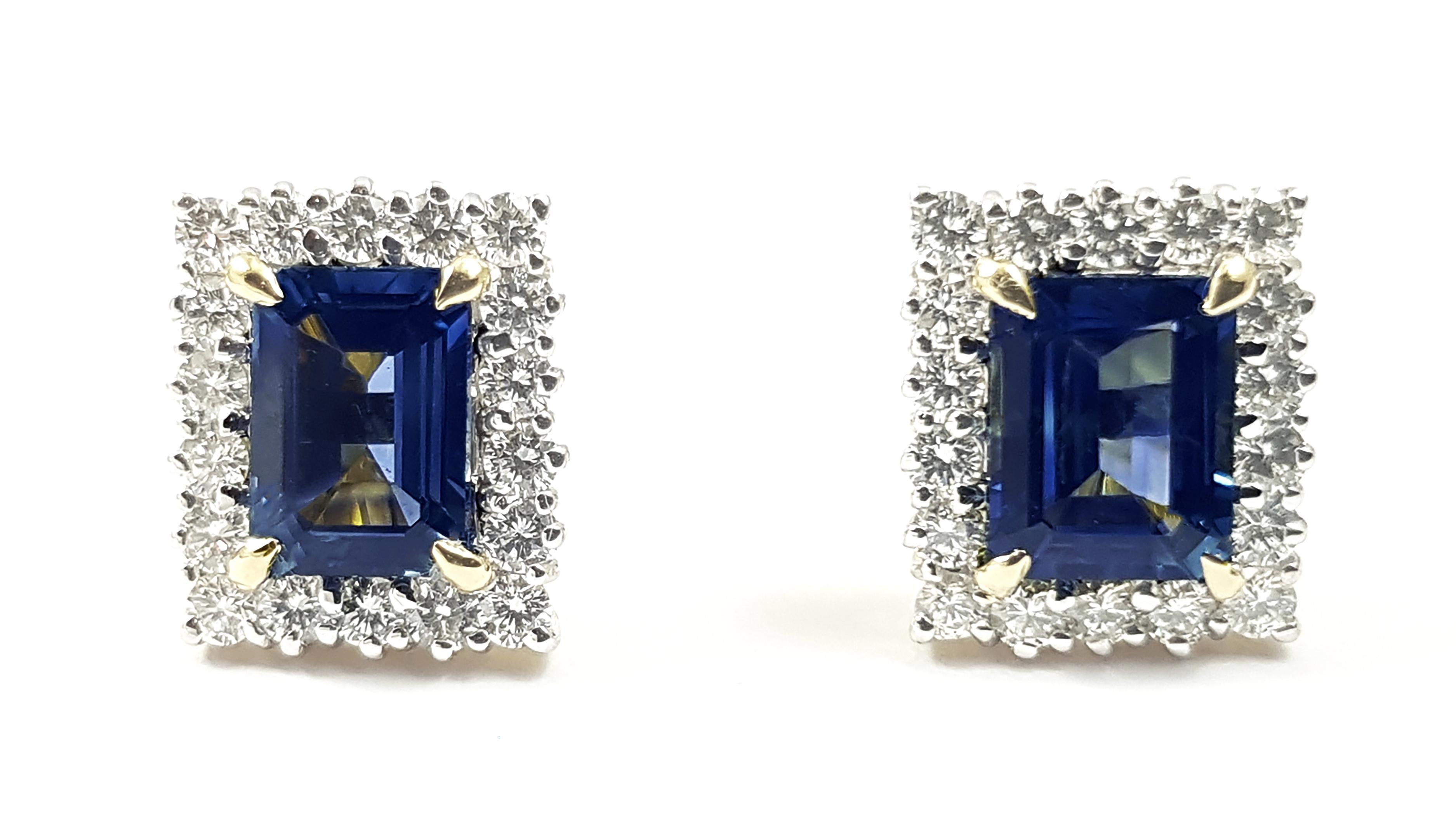 Emerald Cut Blue Sapphire with Diamond Earrings Set in 18 Karat Gold Settings For Sale 2