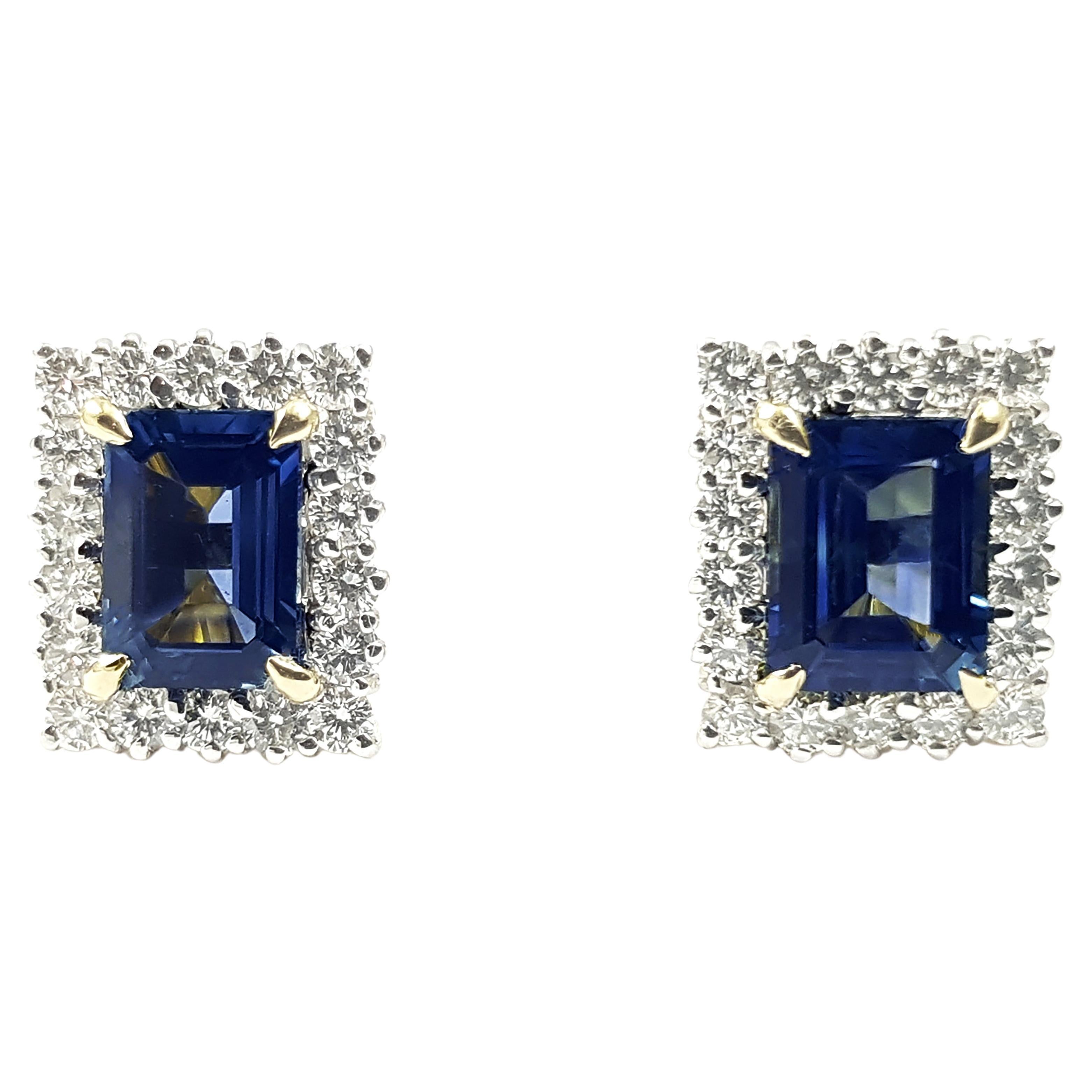 Emerald Cut Blue Sapphire with Diamond Earrings Set in 18 Karat Gold Settings