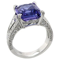 Emerald Cut Blue Tanzanite & White Diamond 18K White Gold Ring