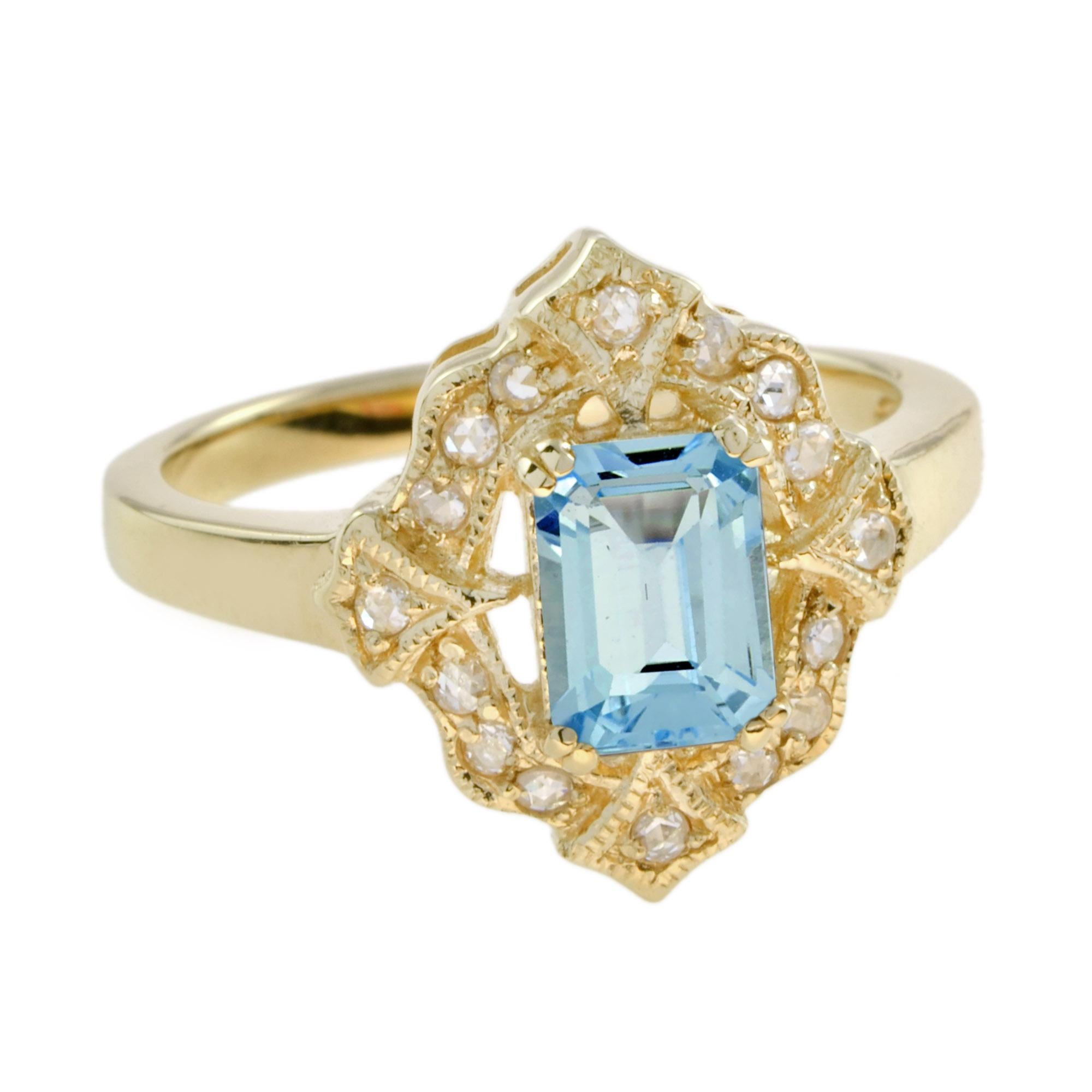 For Sale:  Emerald Cut Blue Topaz and Diamond Halo Vintage Style Ring in 14K Yellow Gold 6