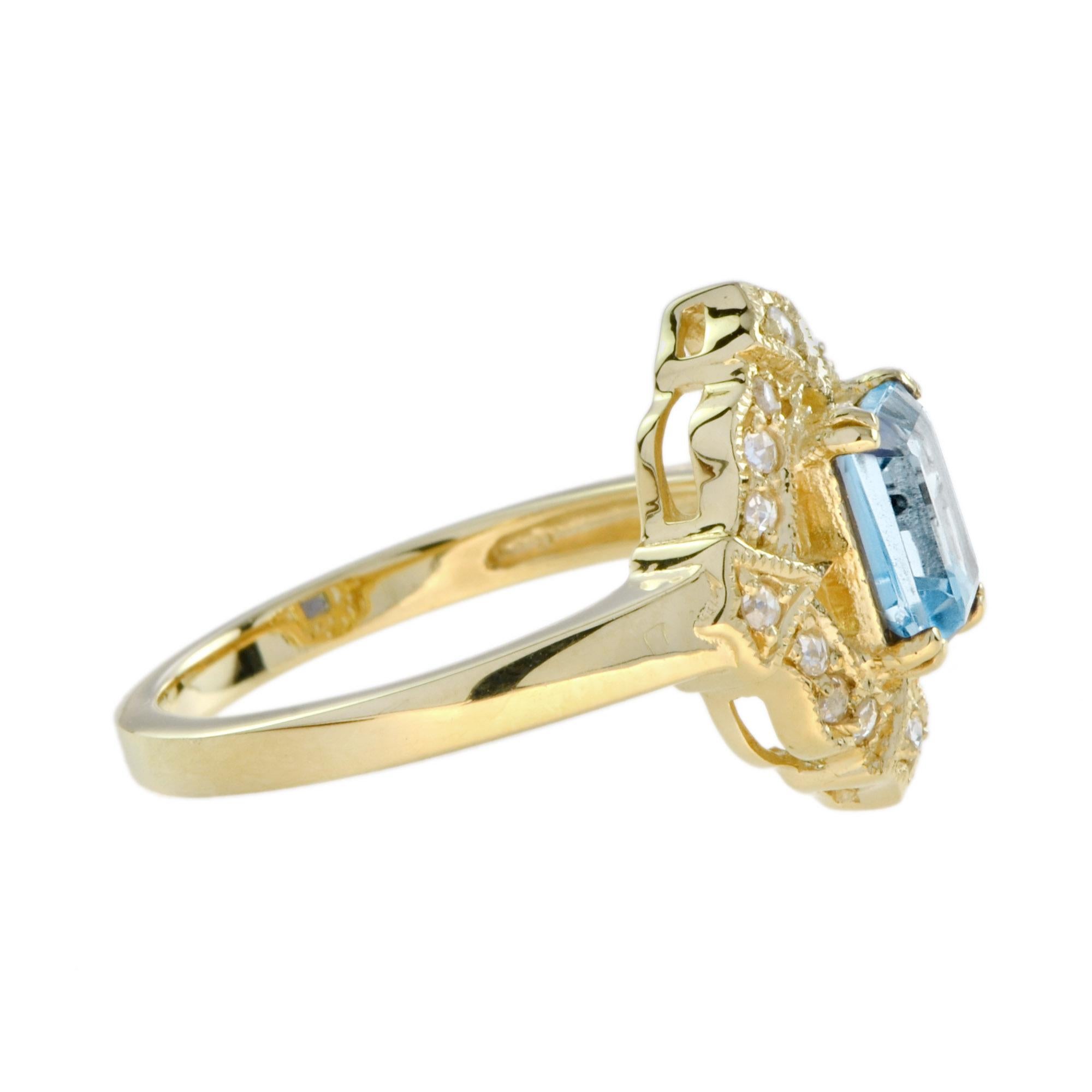For Sale:  Emerald Cut Blue Topaz and Diamond Halo Vintage Style Ring in 14K Yellow Gold 7