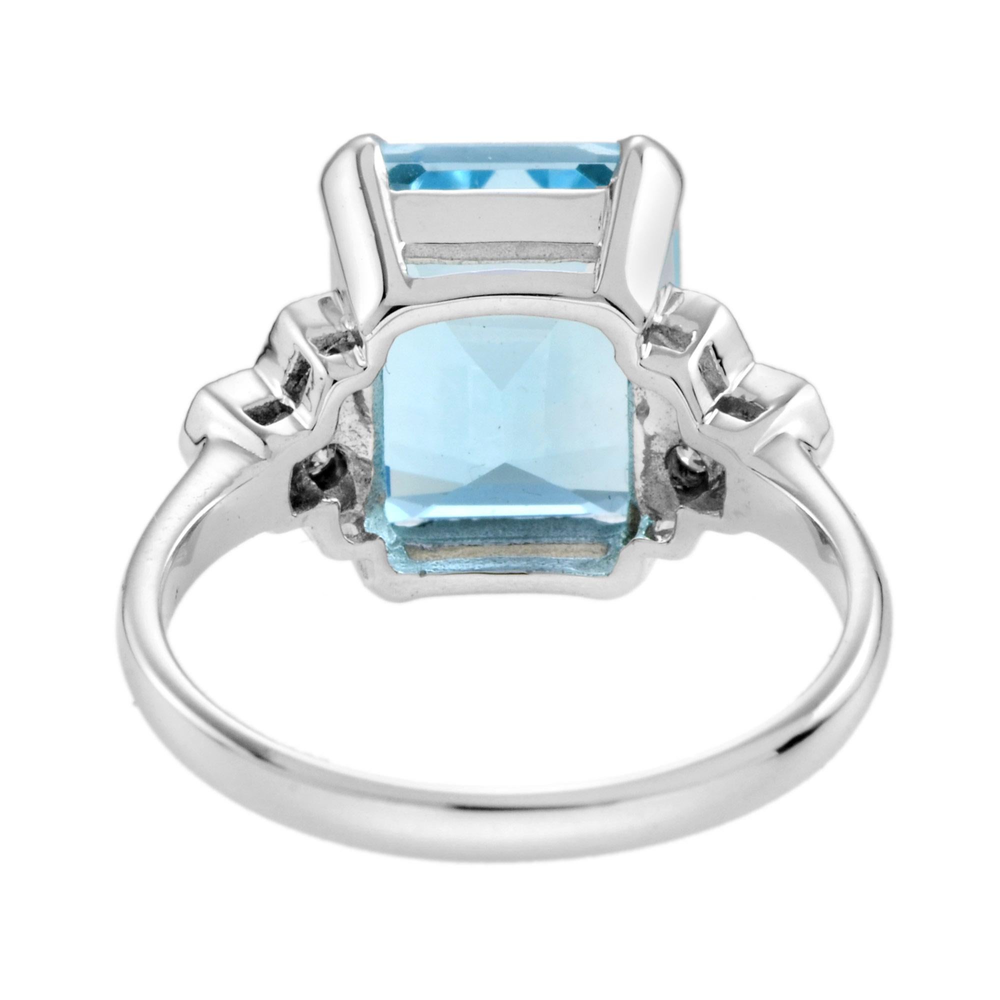 Emerald Cut Blue Topaz and Diamond Solitaire Ring in 9k White Gold In New Condition For Sale In Bangkok, TH