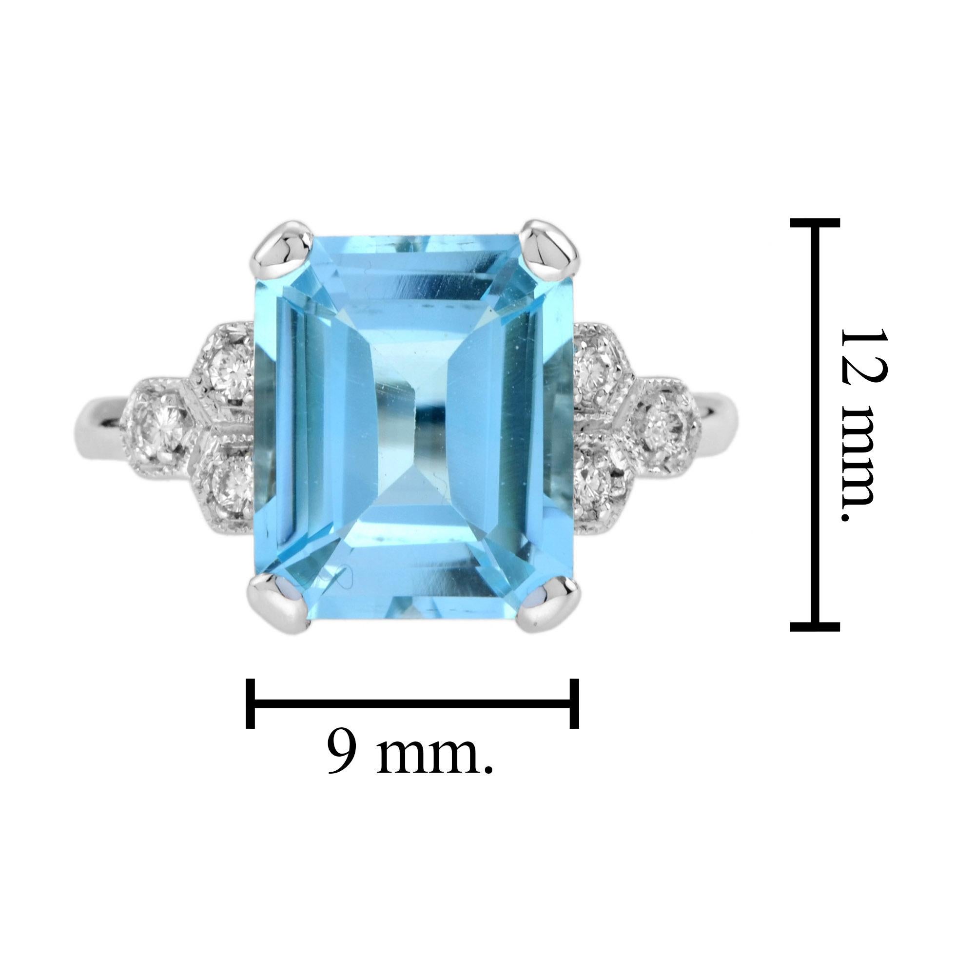 Emerald Cut Blue Topaz and Diamond Solitaire Ring in 9k White Gold For Sale 1