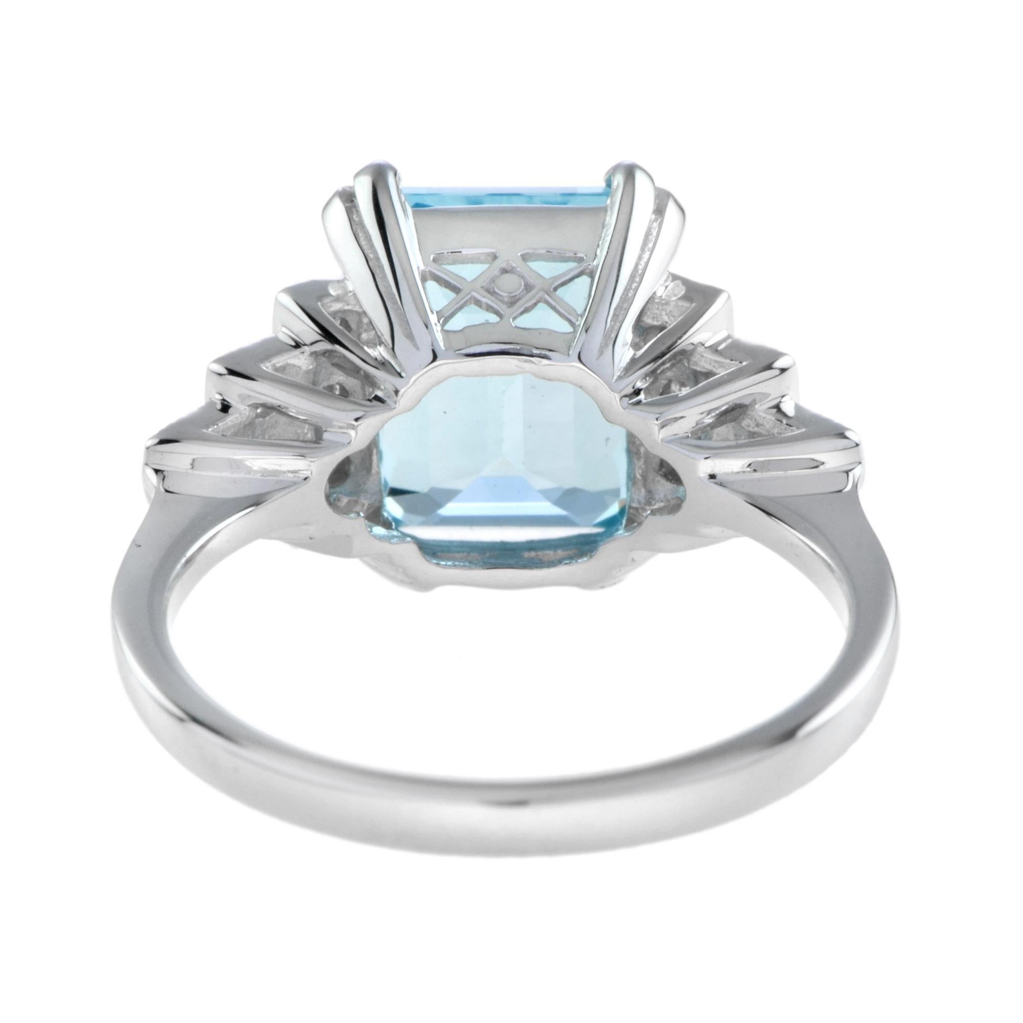 Emerald Cut Blue Topaz and Diamond Step Shoulder Engagement Ring in 9K Gold For Sale 2