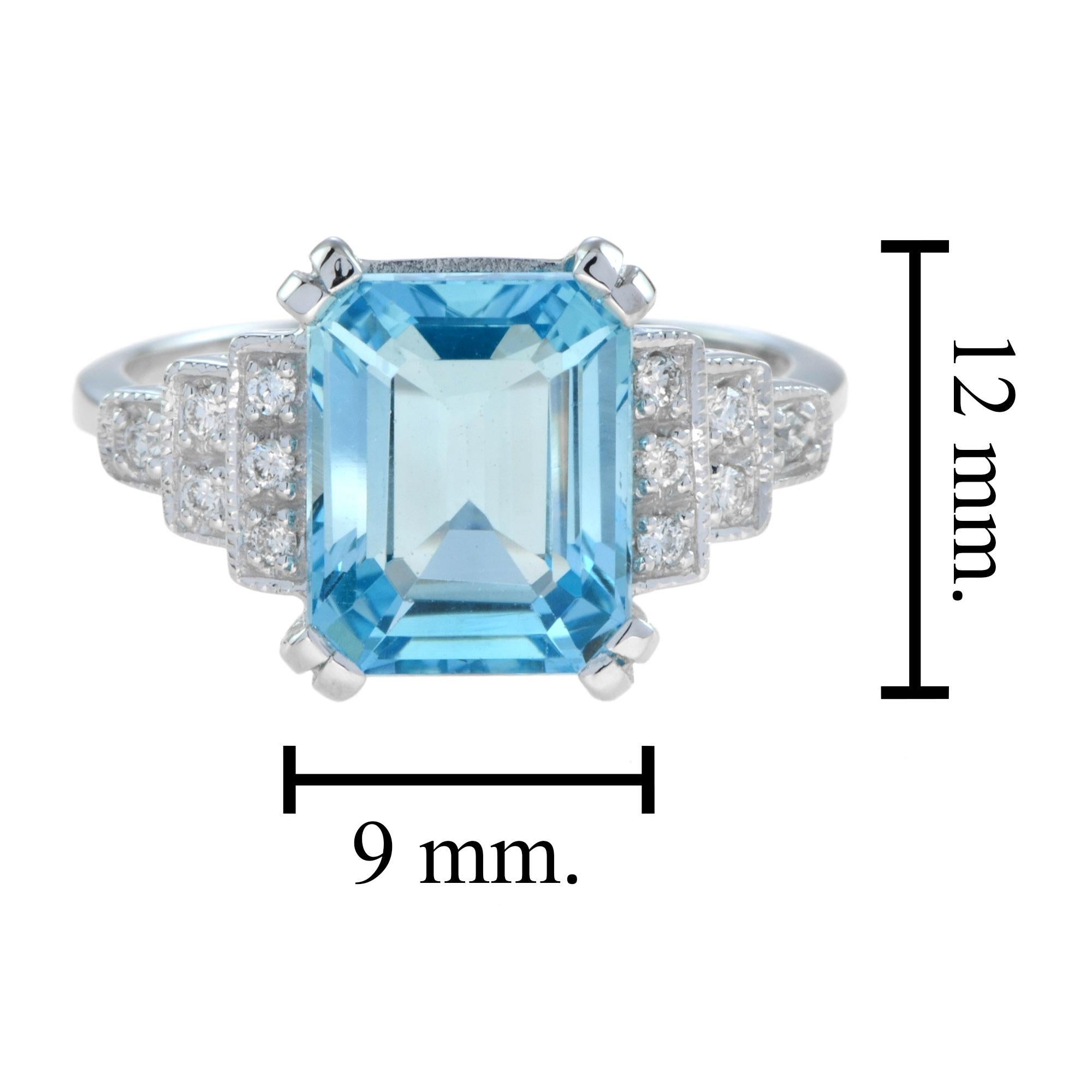 Emerald Cut Blue Topaz and Diamond Step Shoulder Engagement Ring in 9K Gold For Sale 4