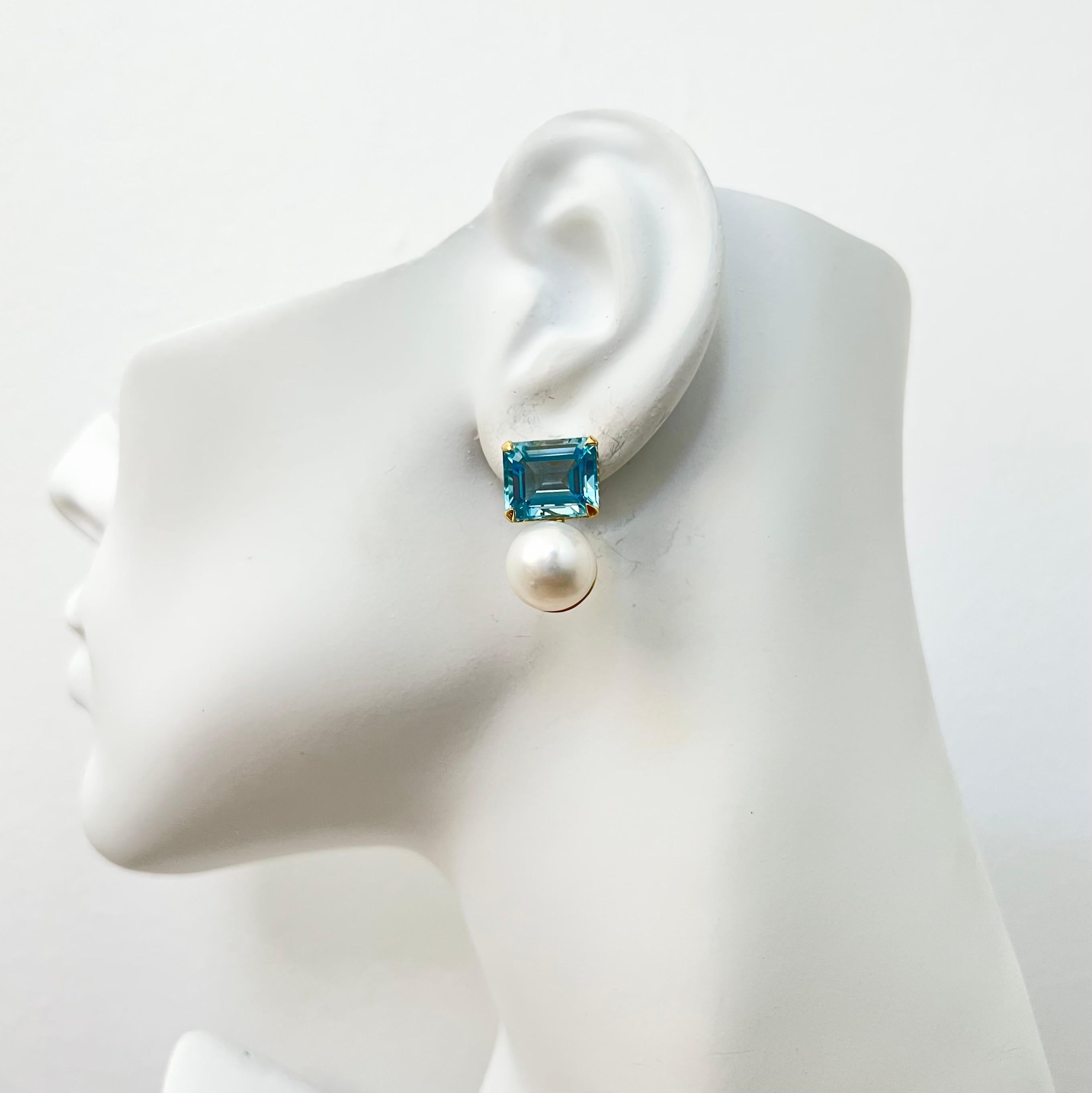 Taille émeraude Boucles d'oreilles en topaze bleue taillée en émeraude et perles d'eau douce en vente