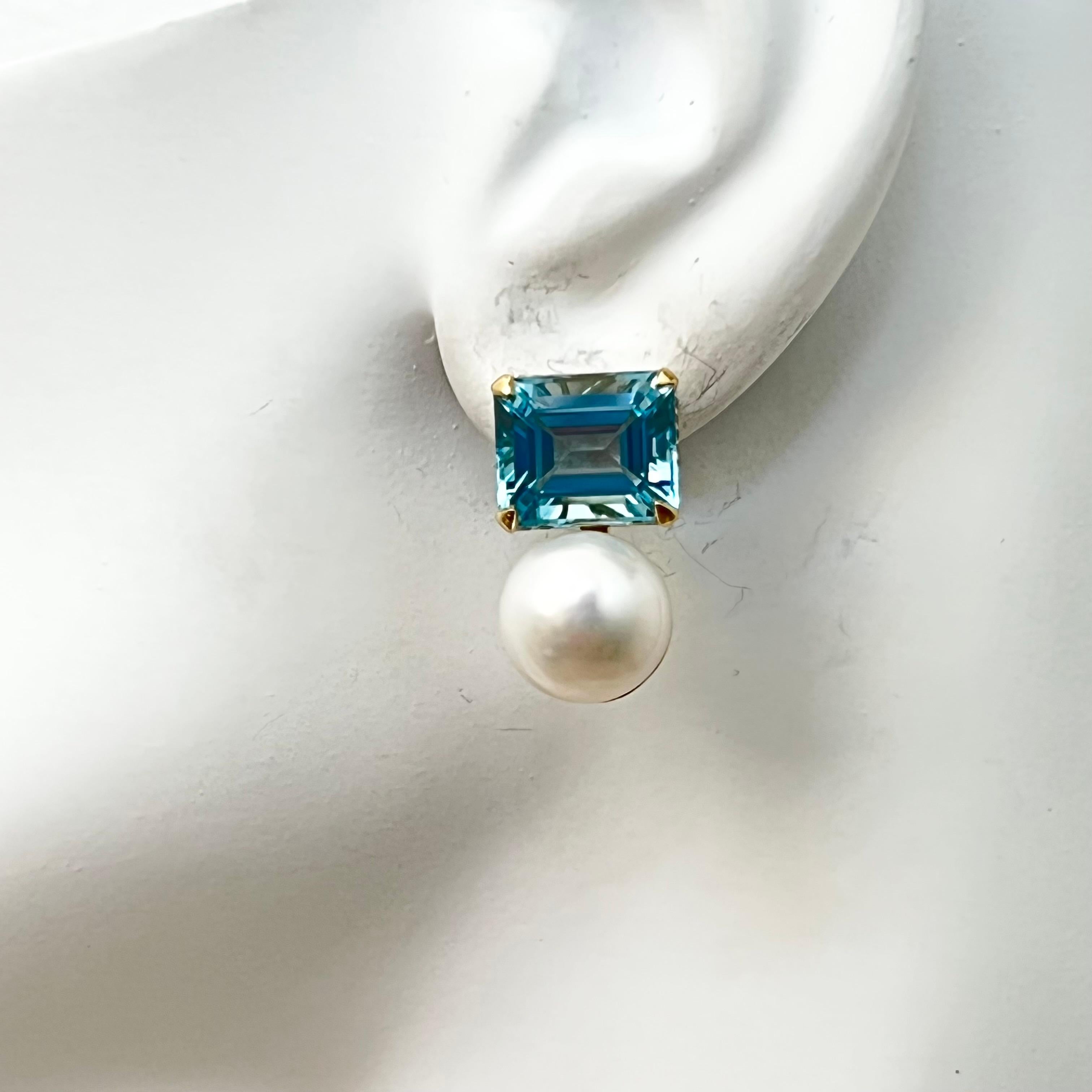 Boucles d'oreilles en topaze bleue taillée en émeraude et perles d'eau douce Neuf - En vente à Los Angeles, CA