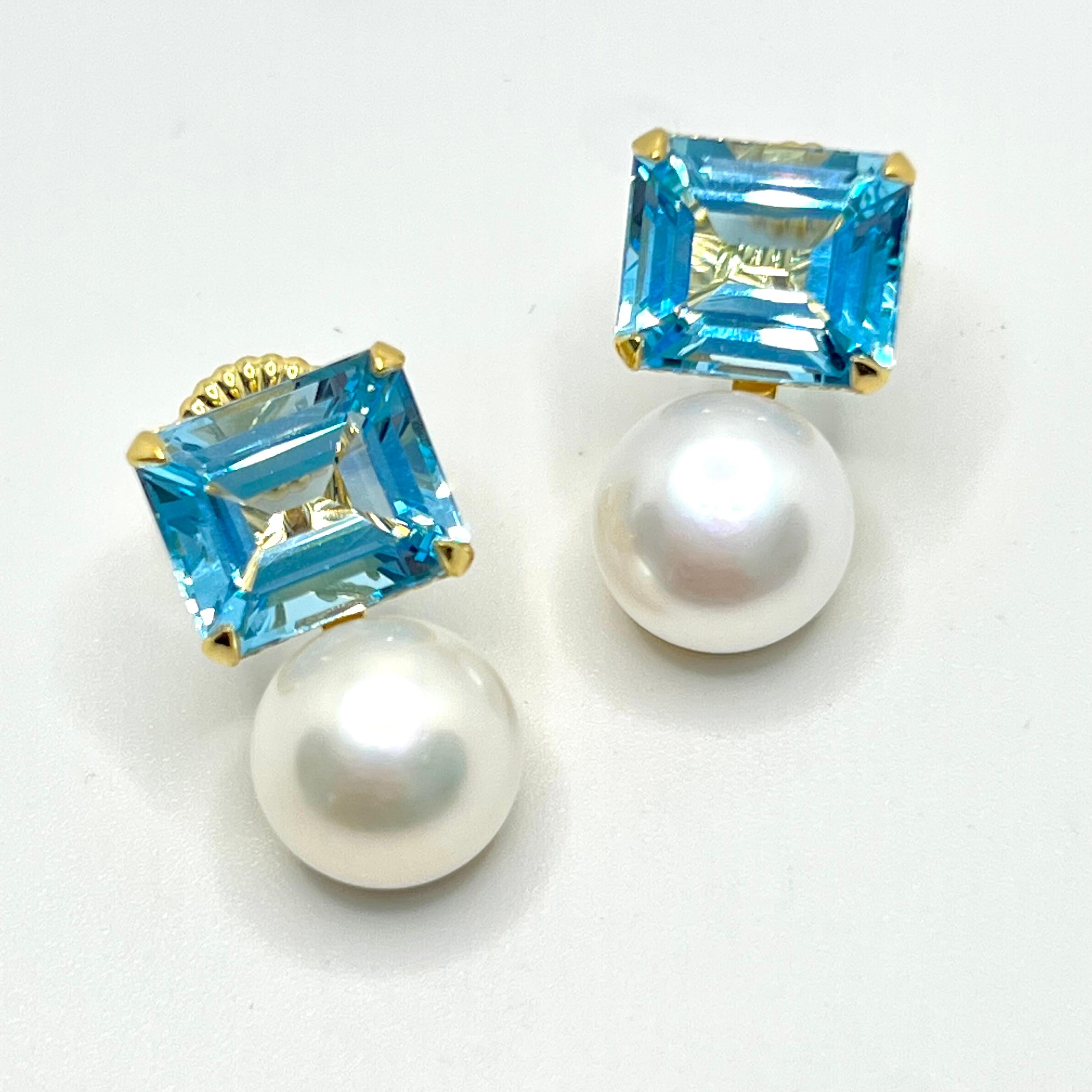 Contemporary Emerald-cut Blue Topaz and Freshwater Pearl Earrings
