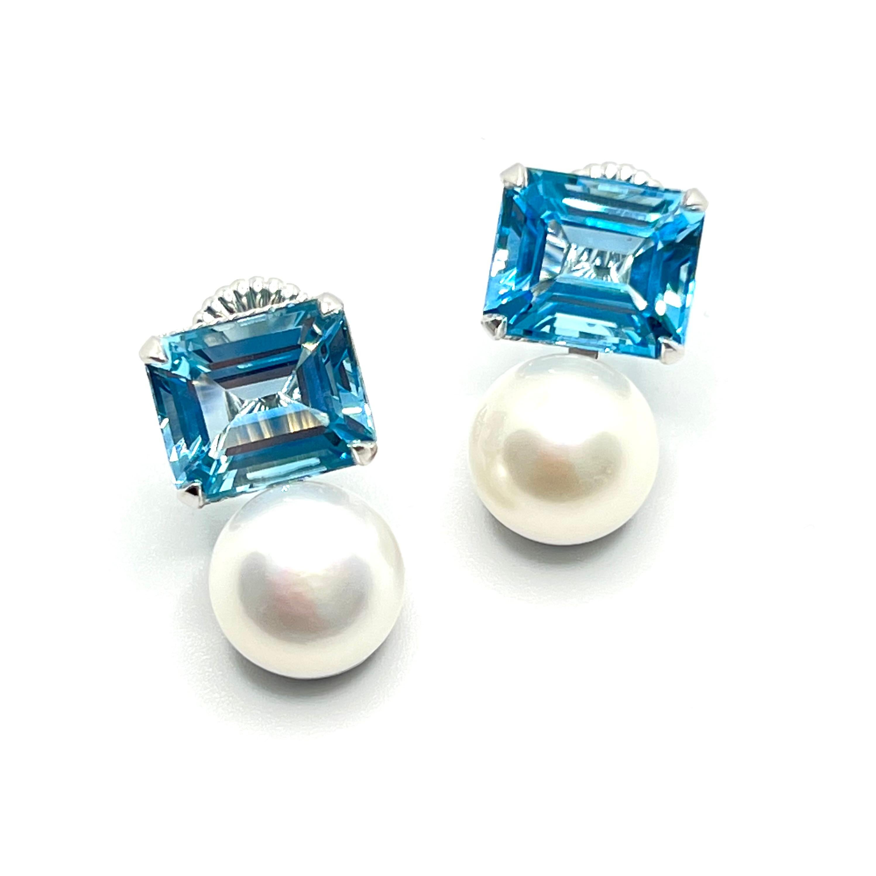 Emerald-cut Blue Topaz and Freshwater Pearl Earrings In New Condition For Sale In Los Angeles, CA