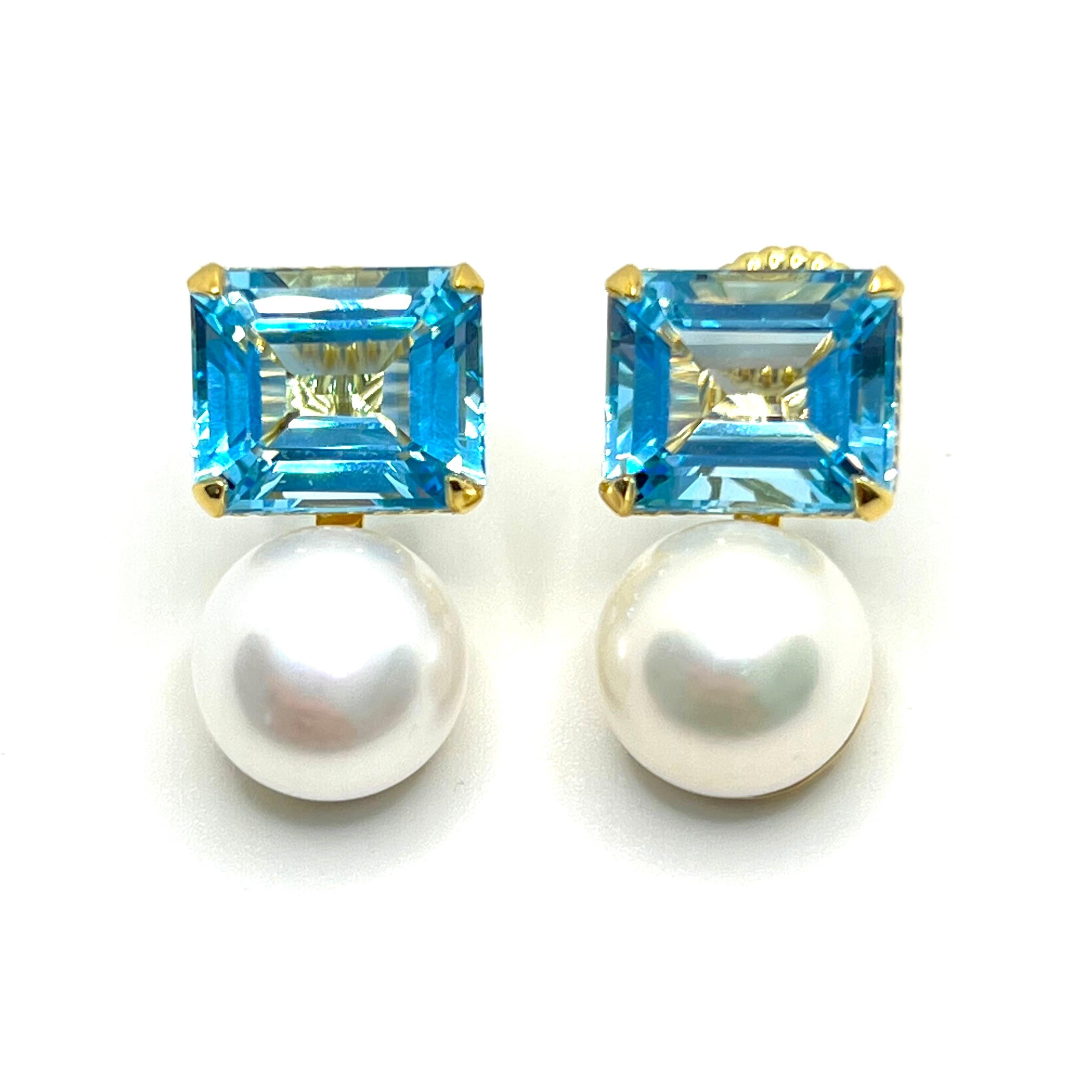 Boucles d'oreilles en topaze bleue taillée en émeraude et perles d'eau douce en vente 1