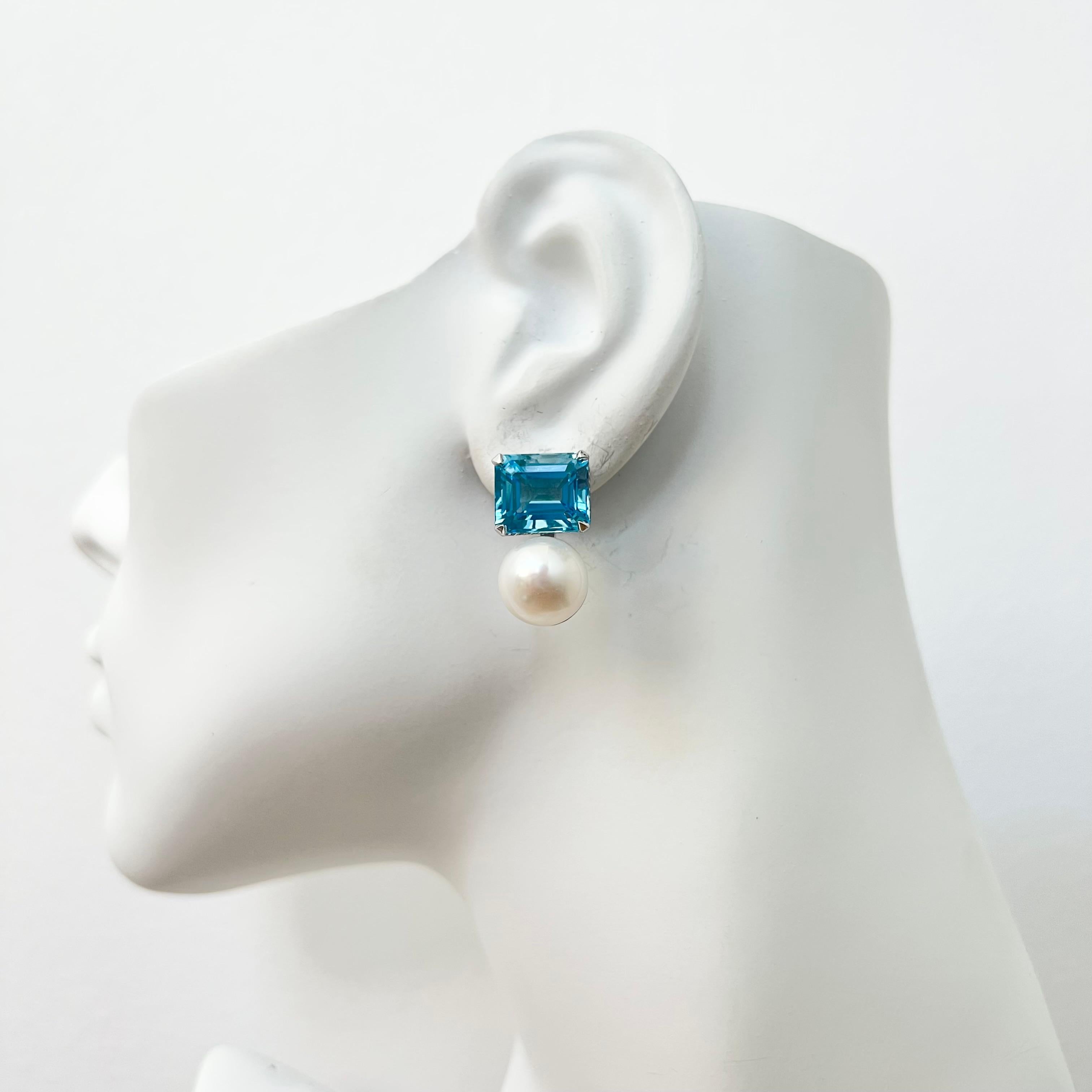 Emerald-cut Blue Topaz and Freshwater Pearl Earrings For Sale 1