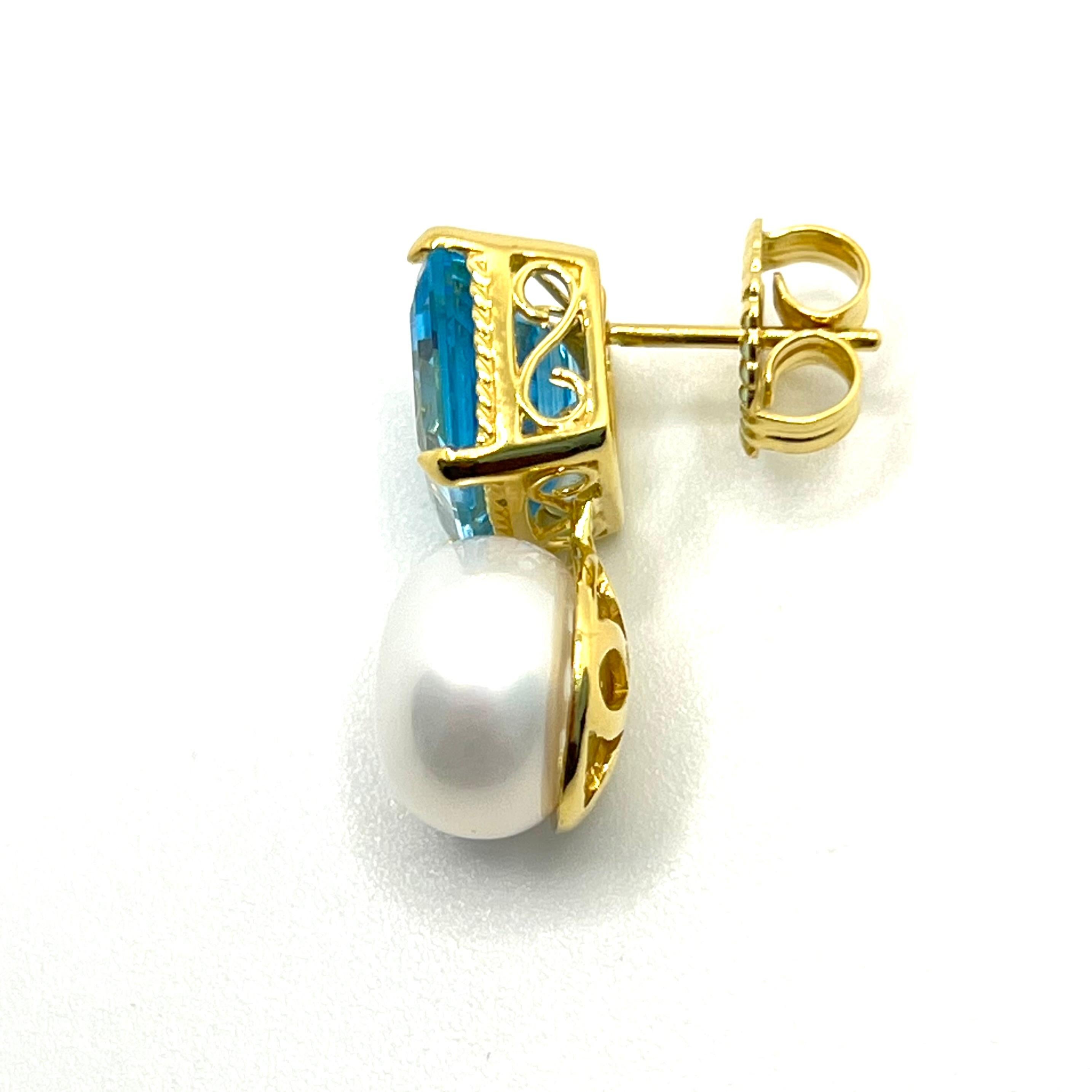 Boucles d'oreilles en topaze bleue taillée en émeraude et perles d'eau douce en vente 2