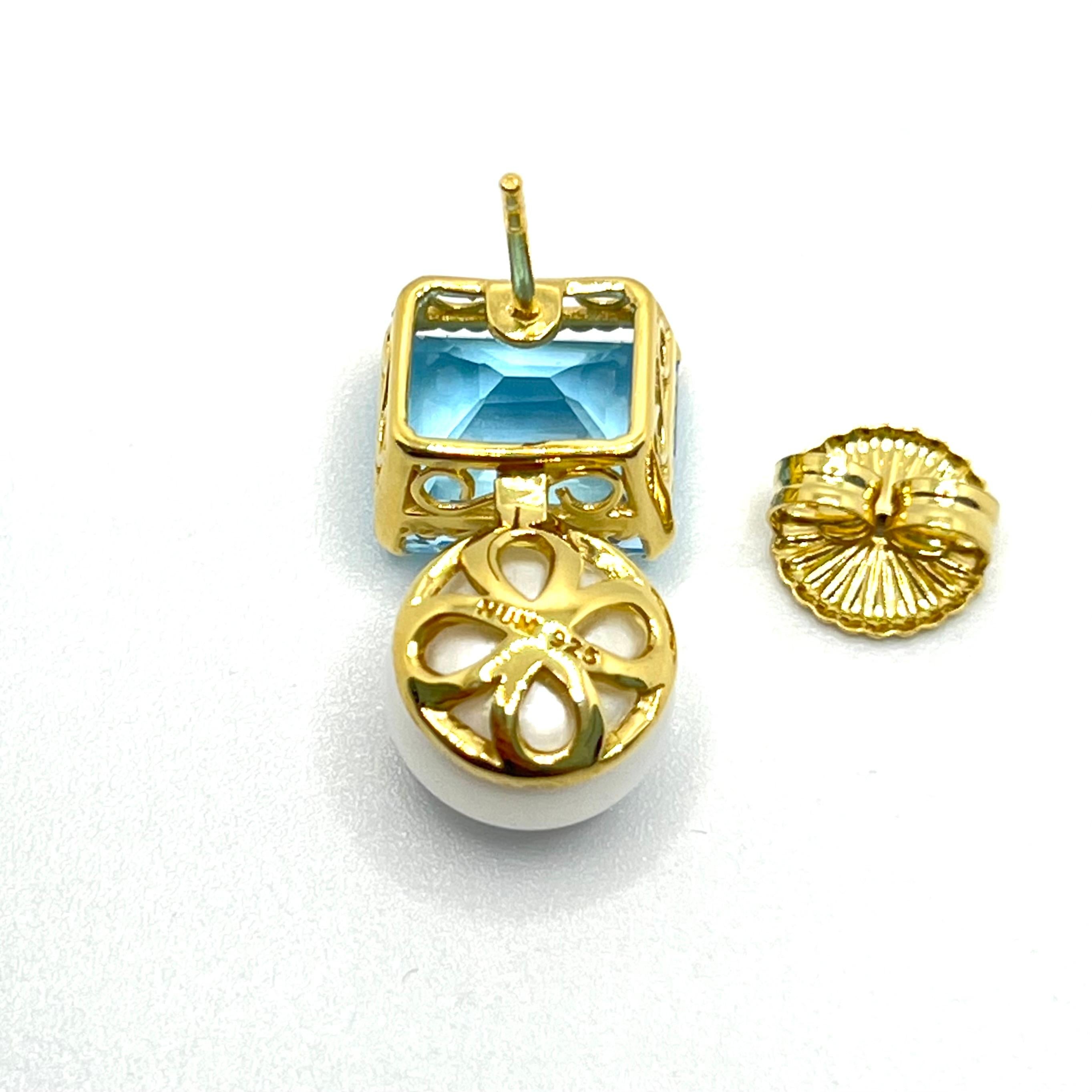 Boucles d'oreilles en topaze bleue taillée en émeraude et perles d'eau douce en vente 3