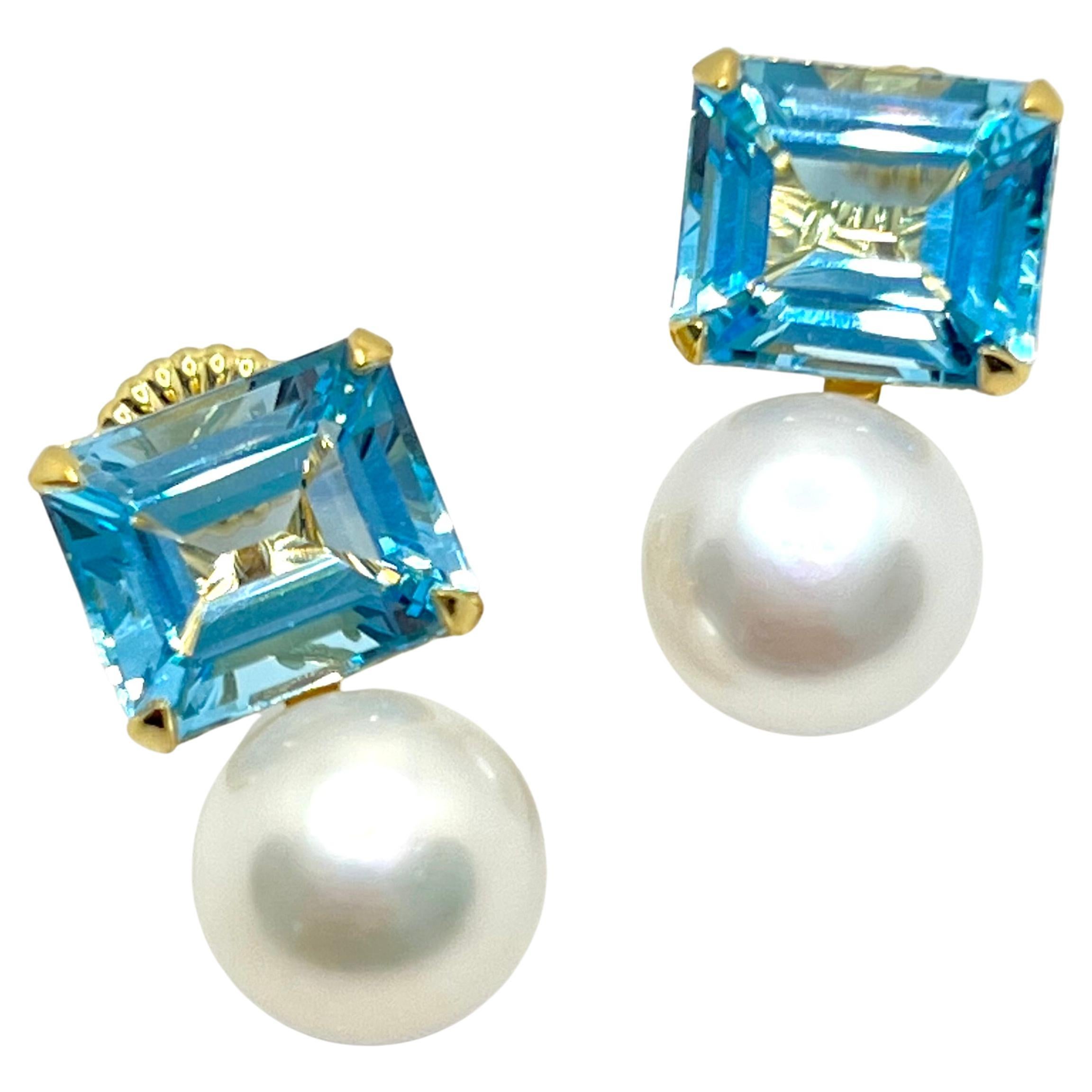 Emerald-cut Blue Topaz and Freshwater Pearl Earrings
